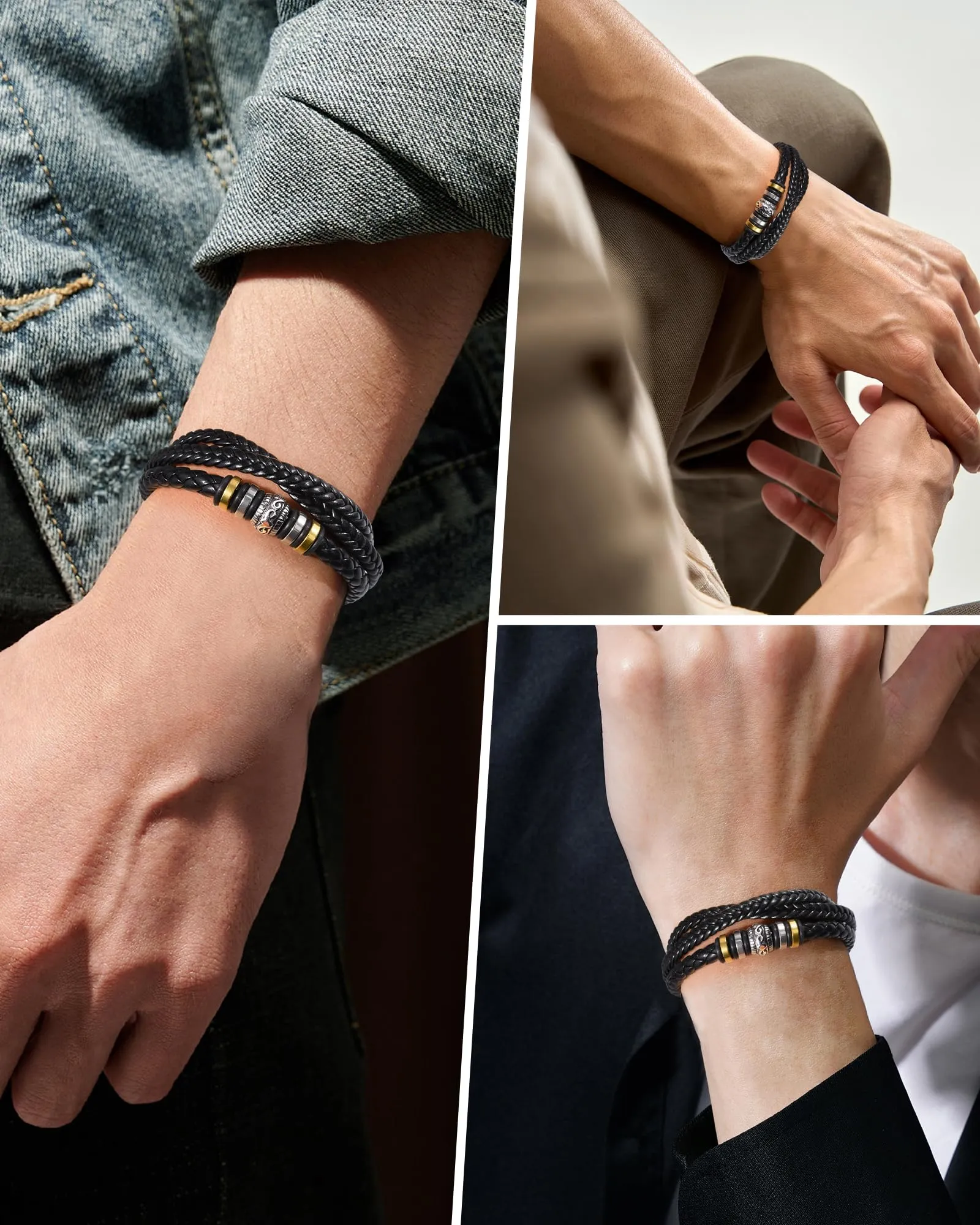 Cheerslife Bracciale Uomo in Cuoio Intrecciato 20.5-22 cm - immagine 5
