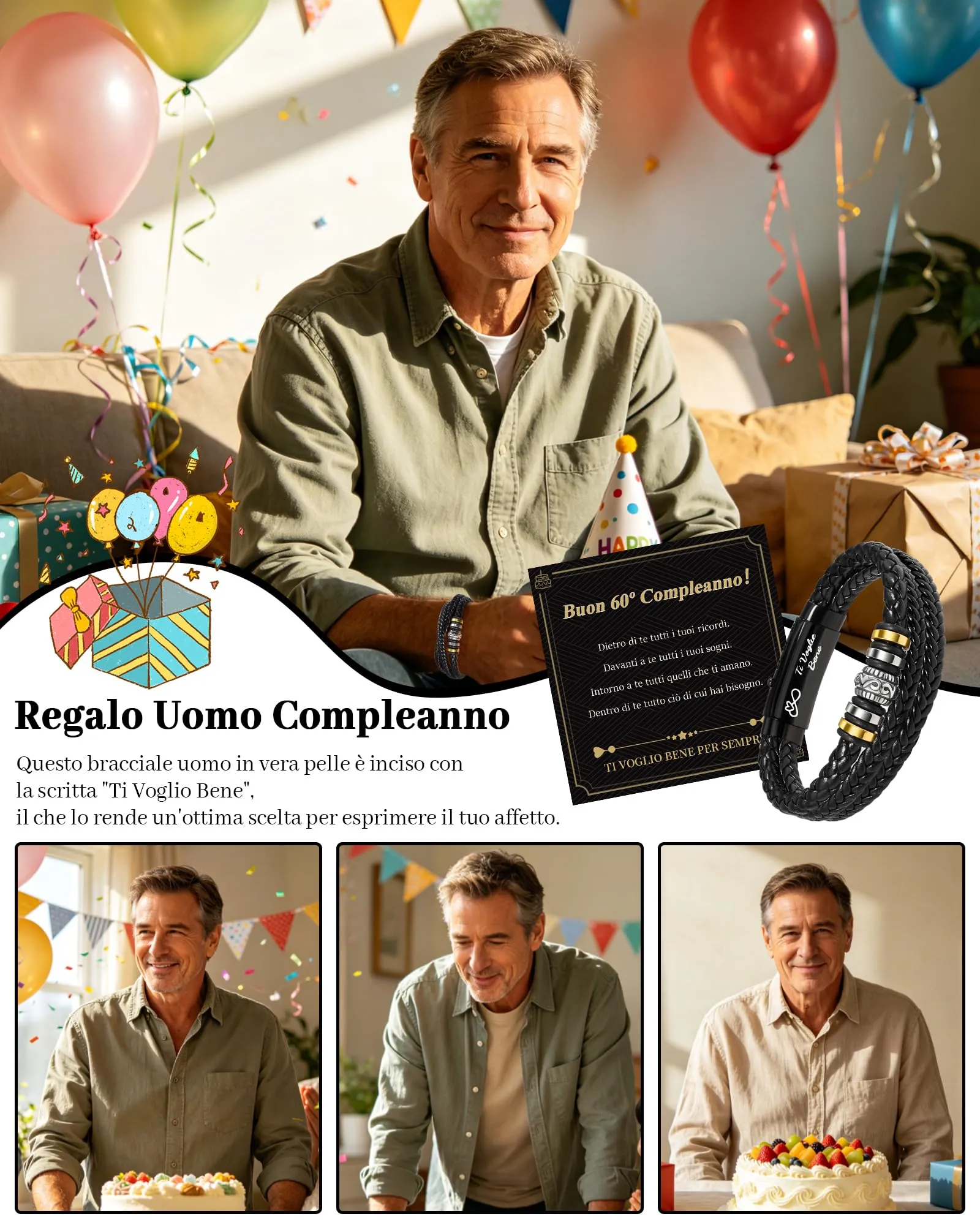 Cheerslife Bracciale Uomo in Pelle per 60 Anni Compleanno - immagine 6