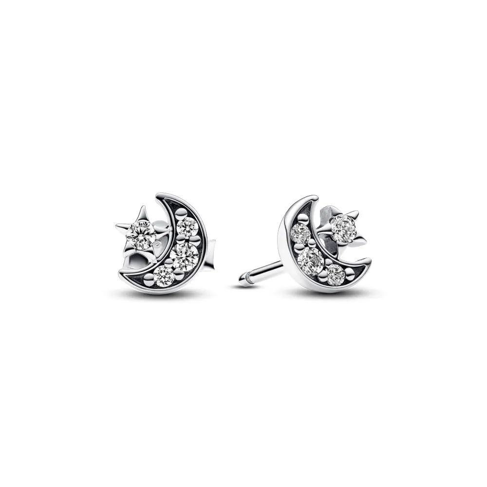 Pandora Moments Orecchini a bottone a forma di luna in argento sterling con zirconia cubica trasparente - immagine 2