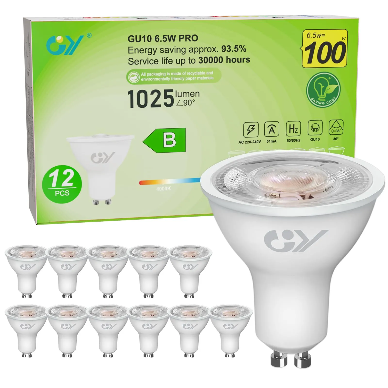 GY Lampadina LED GU10, 6.5W, 1025 Lumen, 4000K Bianco Neutro, 36°, 12 Pezzi - immagine 1
