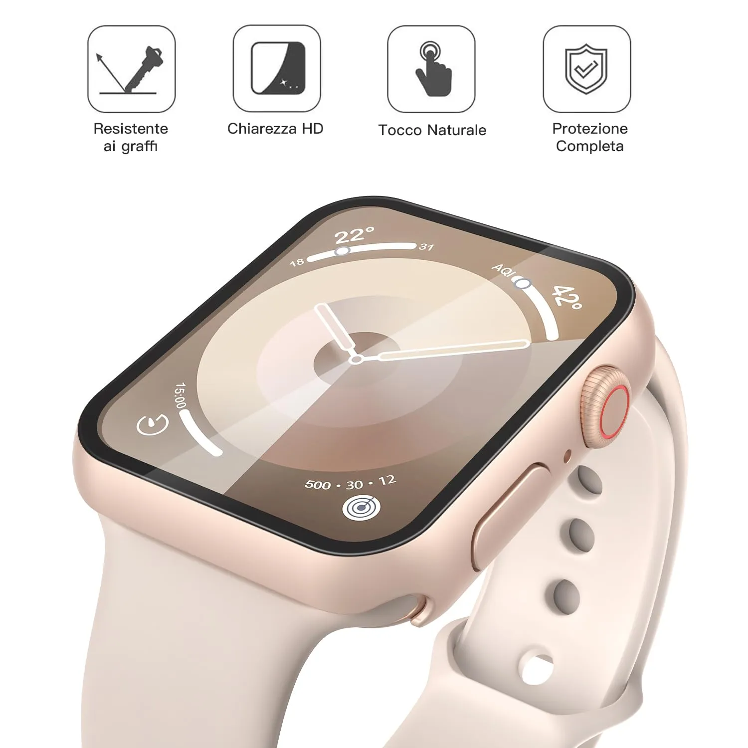Misxi Cover con Vetro Temperato per Apple Watch Serie 9 8 7 41mm, 1 Oro Rosa + 1 Trasparente - immagine 3