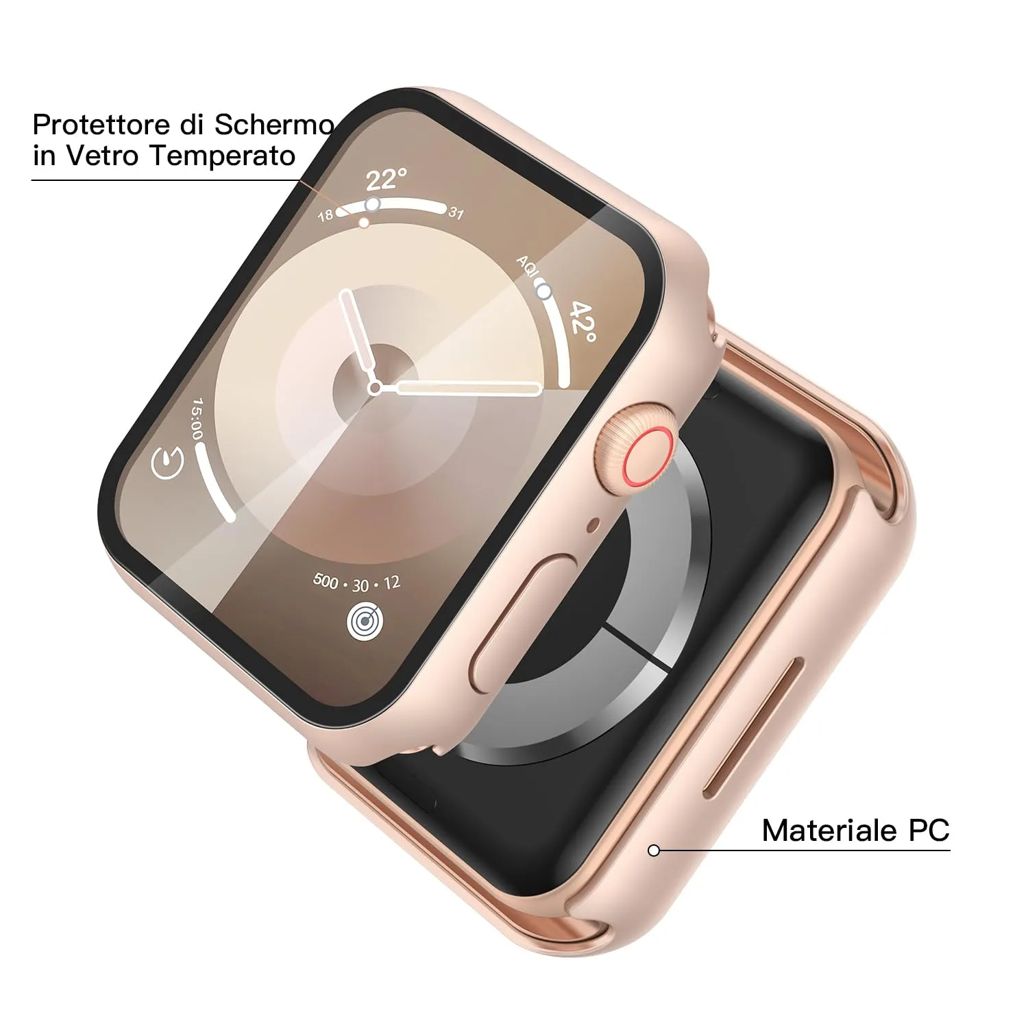 Misxi Cover con Vetro Temperato per Apple Watch Serie 9 8 7 41mm, 1 Oro Rosa + 1 Trasparente - immagine 4