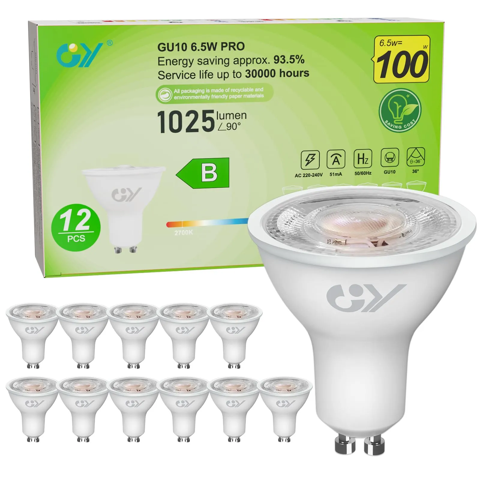 GY Lampadina LED GU10, 6.5W, 1025 Lumen, 2700K Bianco Caldo, 36°, 12 Pezzi - immagine 1