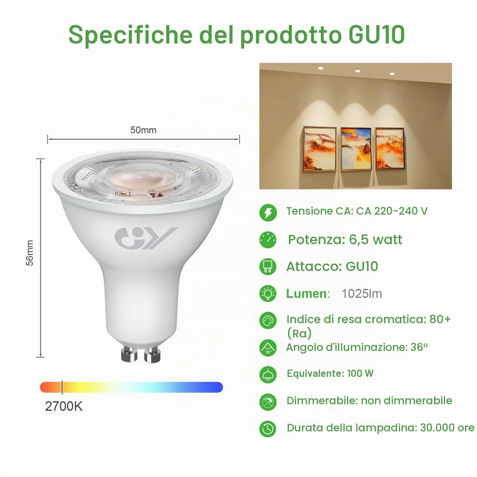GY Lampadina LED GU10, 6.5W, 1025 Lumen, 2700K Bianco Caldo, 36°, 12 Pezzi - immagine 2