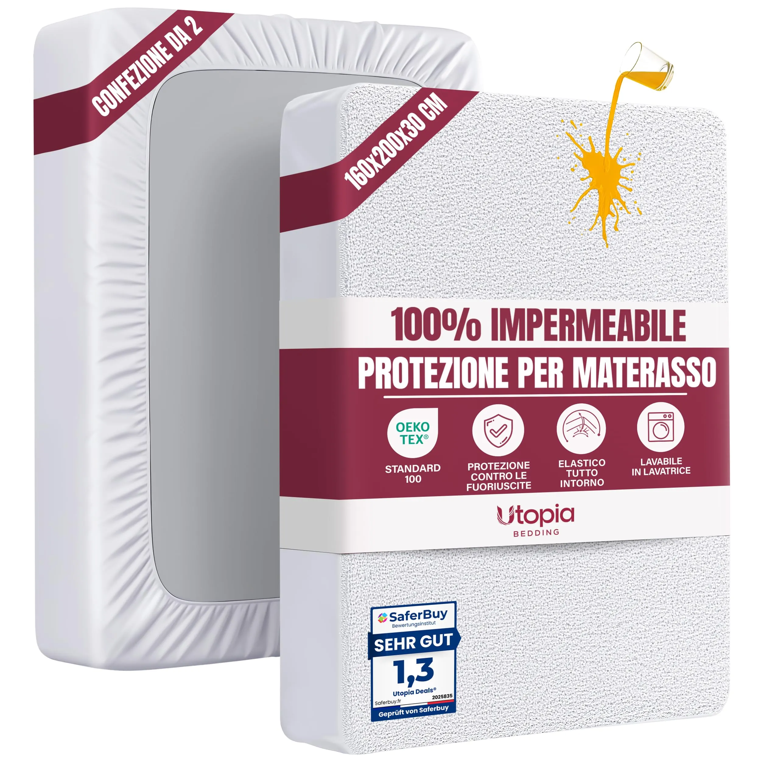 Utopia Bedding Coprimaterasso Impermeabile 160 x 200 x 30 cm, Confezione da 2 - immagine 1