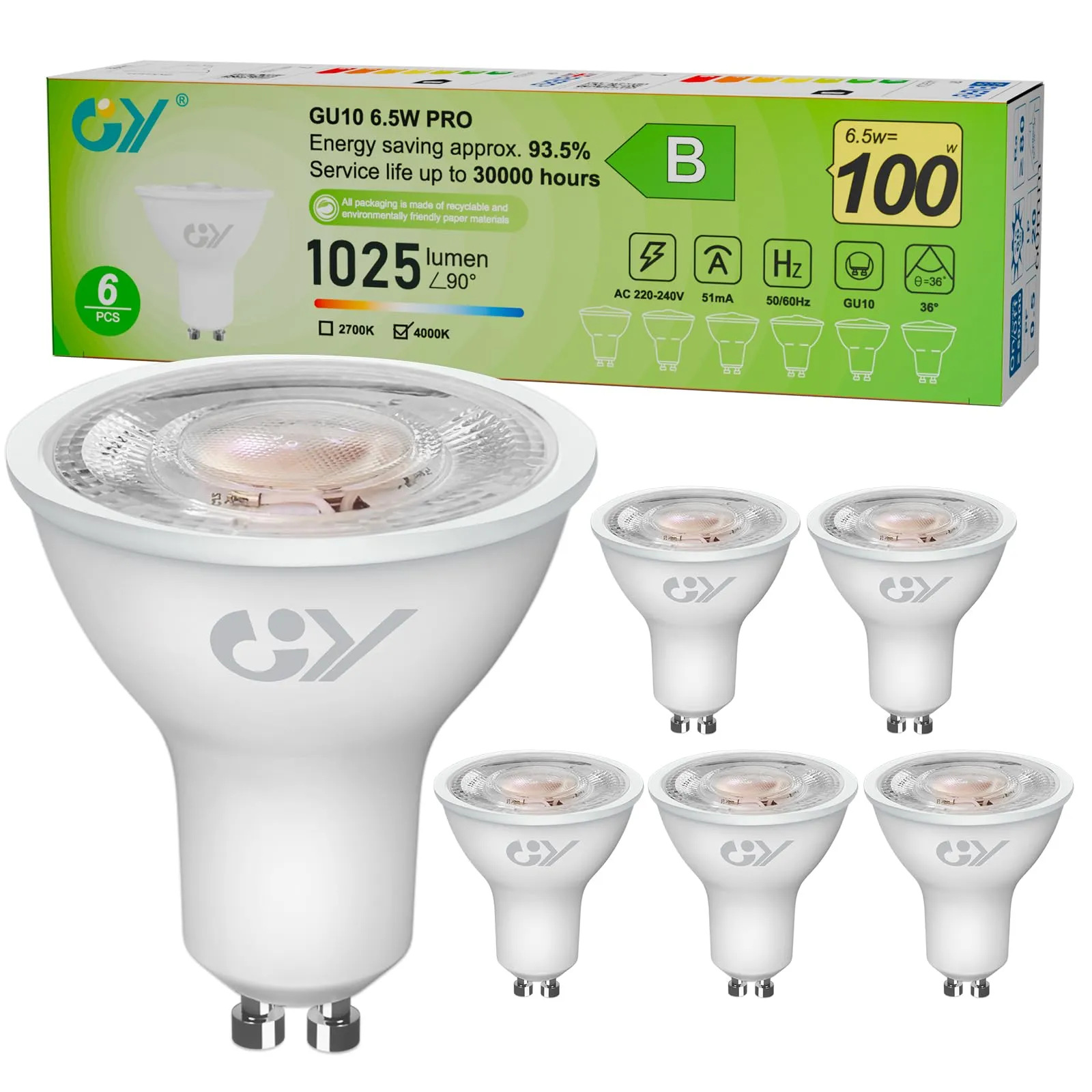 GY Lampadina LED GU10 6.5W 1025 Lumen 4000K Bianco Neutro 36°, 6 Pezzi - immagine 1