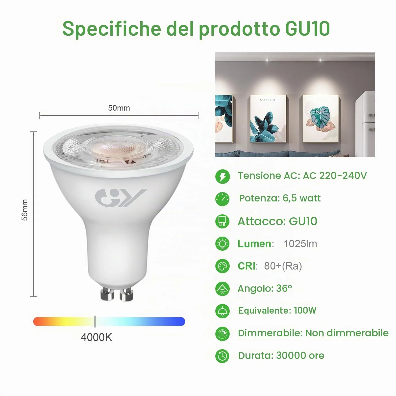 GY Lampadina LED GU10 6.5W 1025 Lumen 4000K Bianco Neutro 36°, 6 Pezzi - immagine 2
