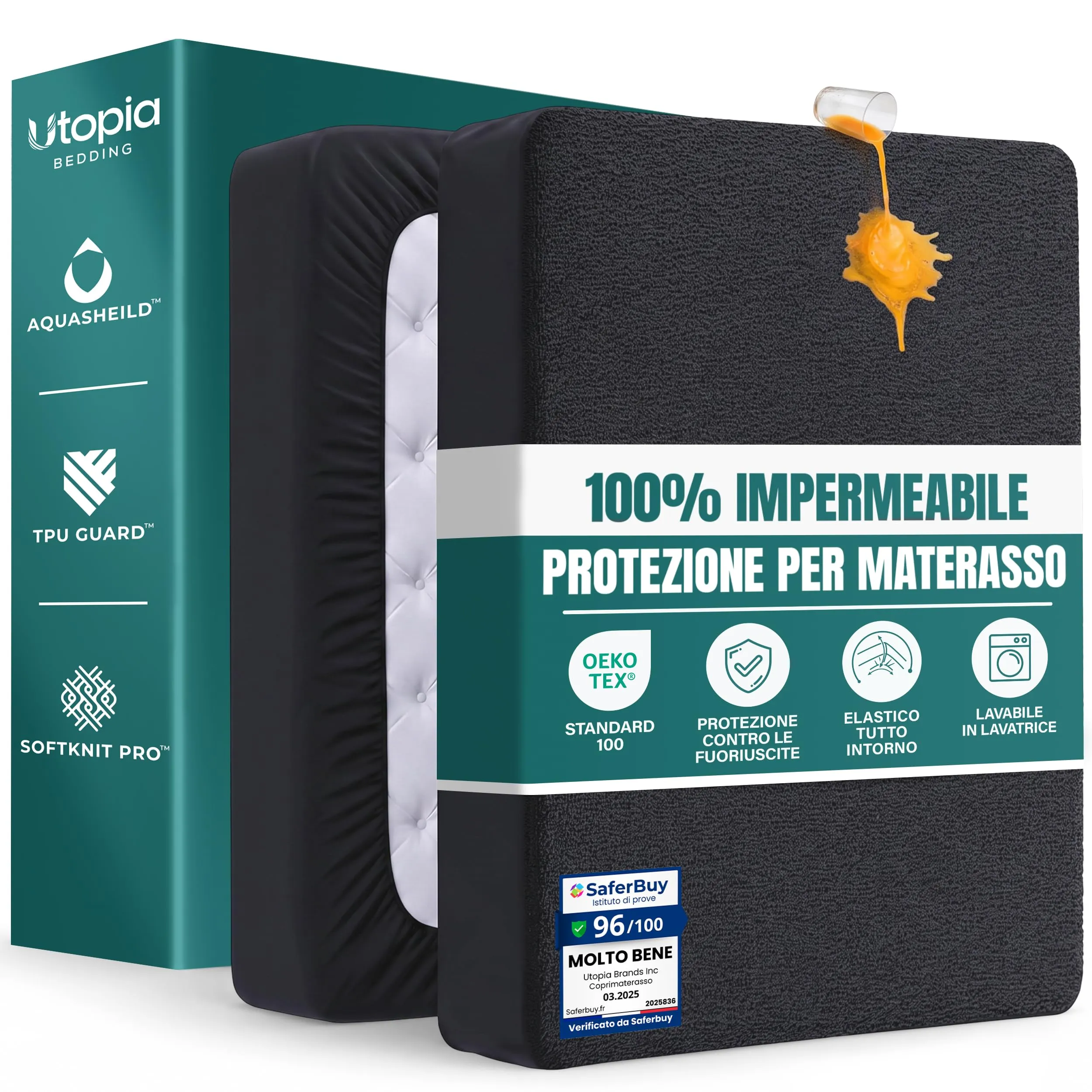 Utopia Bedding Coprimaterasso Singolo Impermeabile 90 x 200 x 30 cm, Nero - immagine 1