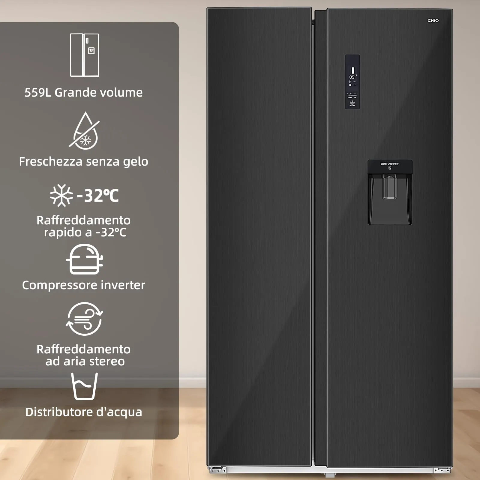 CHiQ FSS559NEI42D Frigorifero Side-by-Side Inverter con Dispenser, Nero - immagine 5