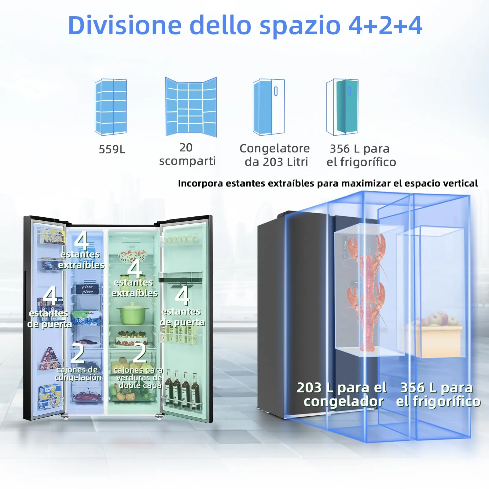 CHiQ FSS559NEI42D Frigorifero Side-by-Side Inverter con Dispenser, Nero - immagine 6
