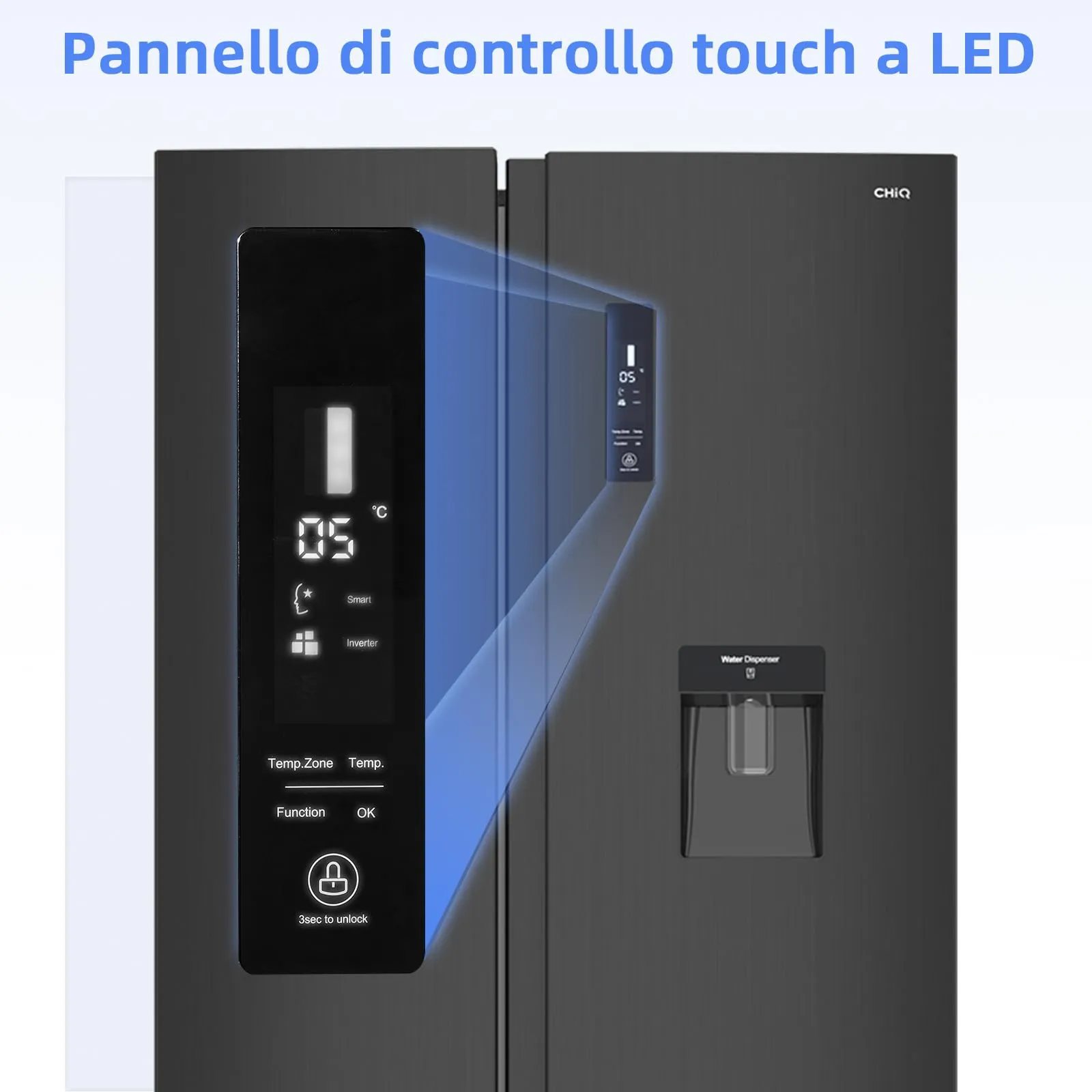 CHiQ FSS559NEI42D Frigorifero Side-by-Side Inverter con Dispenser, Nero - immagine 9