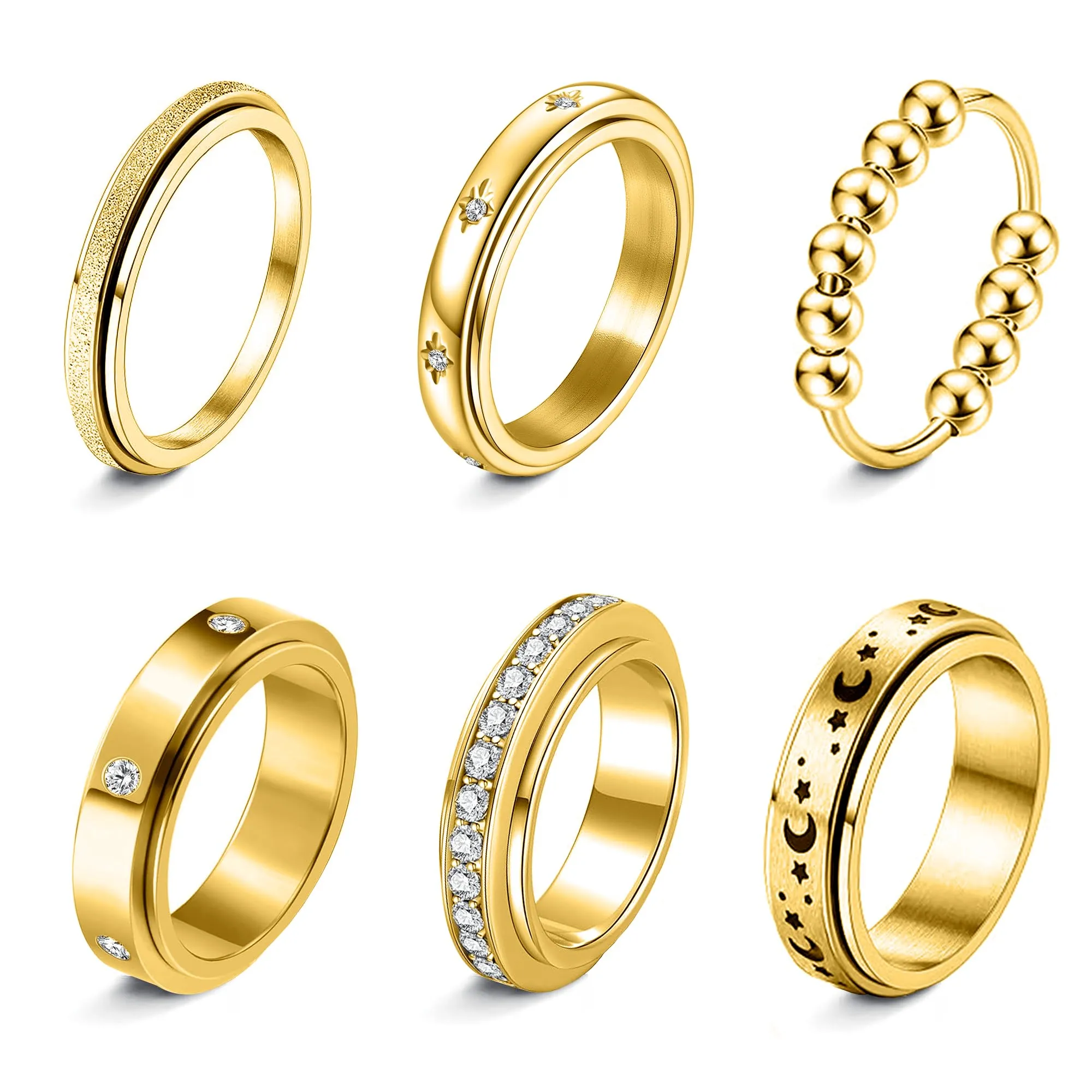 LOFITOR Set di 6 Anelli Spinner Anti Stress in Acciaio Inossidabile con CZ, Luna e Stella per Donne e Uomini - immagine 1