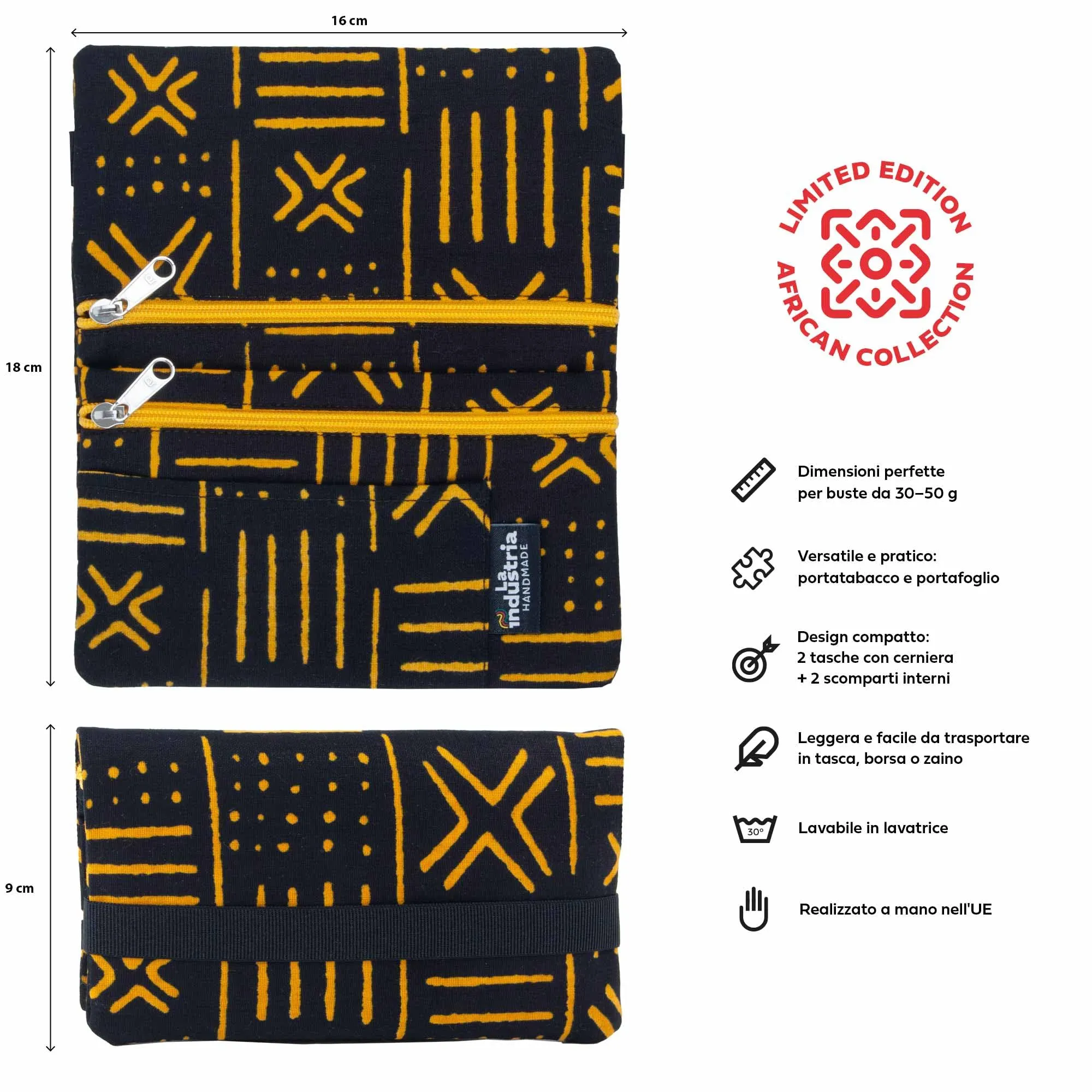La Industria HANDMADE Porta Tabacco e Portafoglio Compatto con Doppia Cerniera, Fantasia Africana Mali - immagine 2