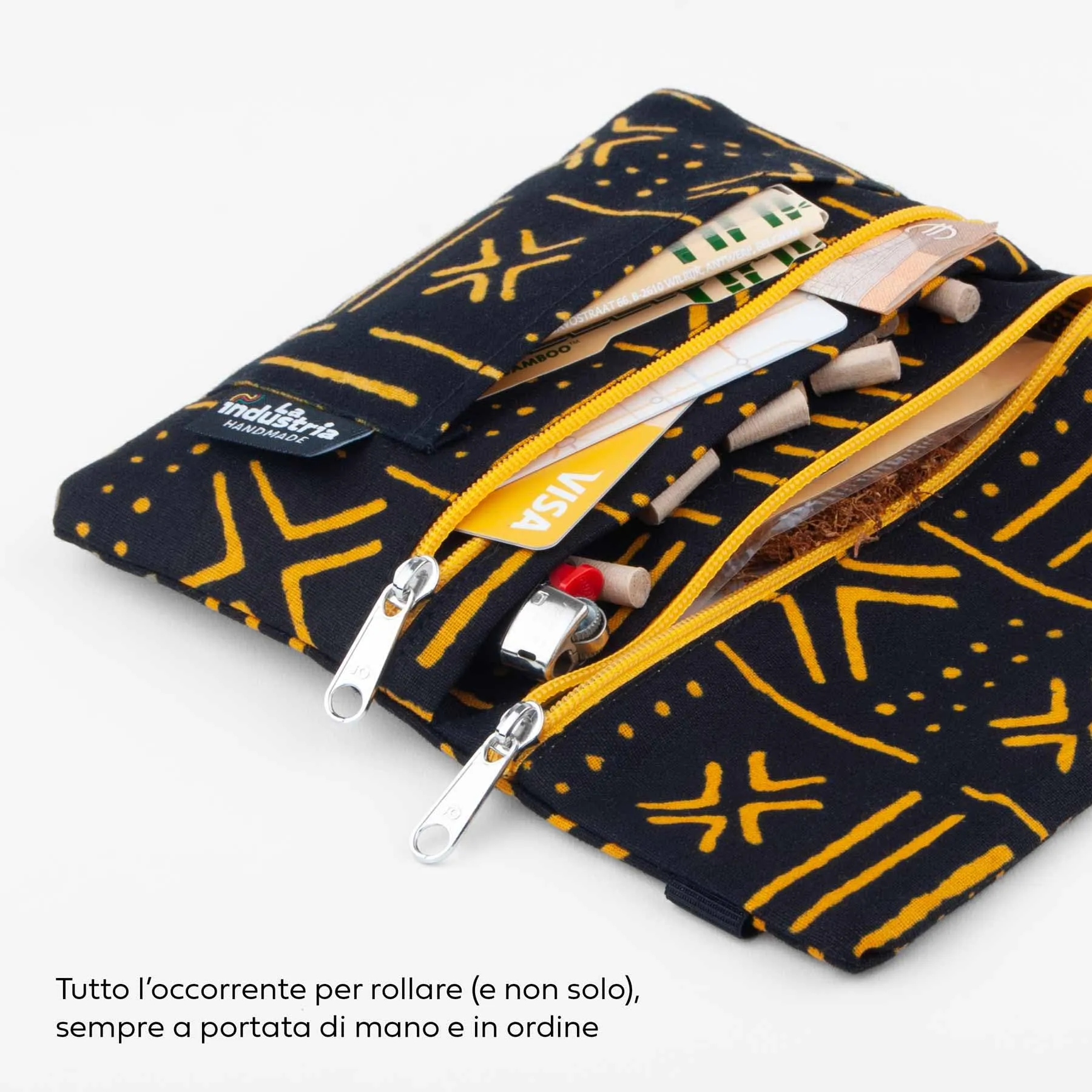 La Industria HANDMADE Porta Tabacco e Portafoglio Compatto con Doppia Cerniera, Fantasia Africana Mali - immagine 3