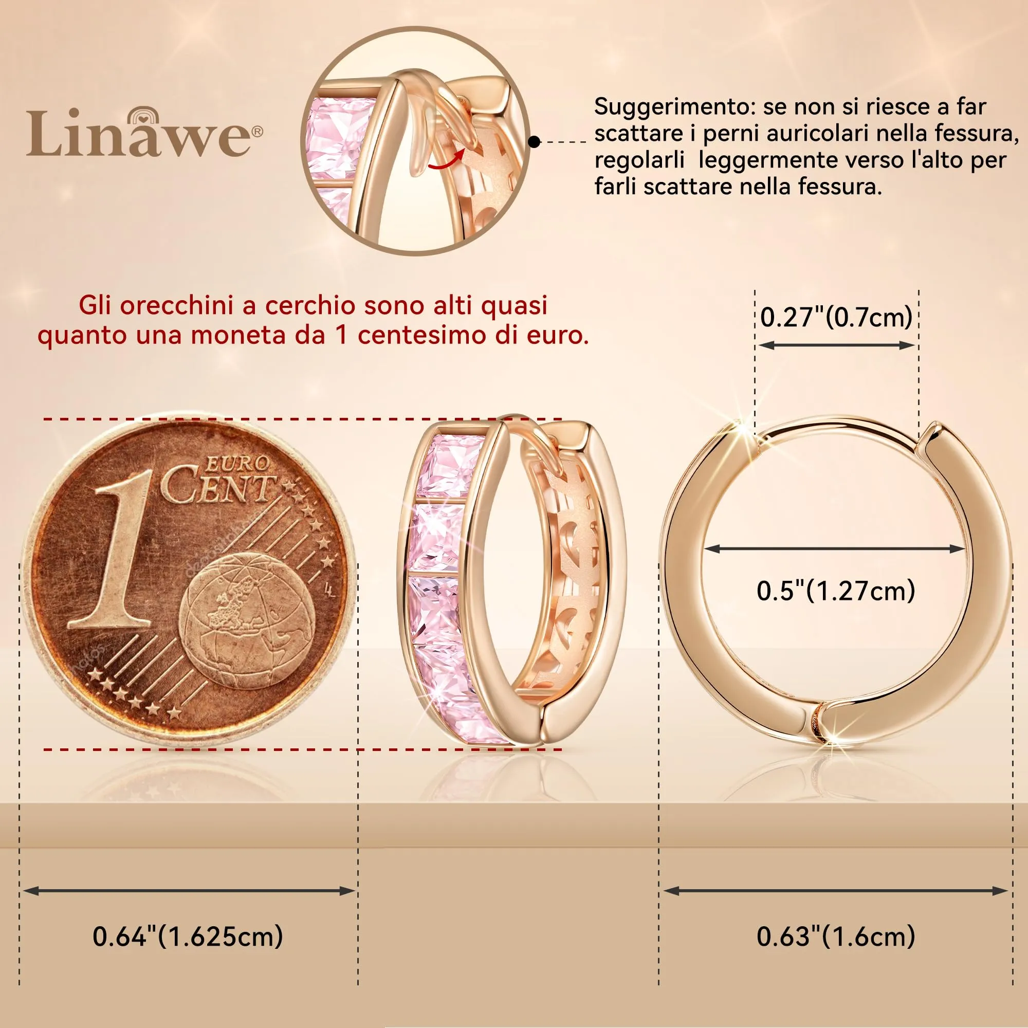 Linawe Orecchini a cerchio in oro rosa con zirconia rosa, piercing a elica da donna - immagine 2