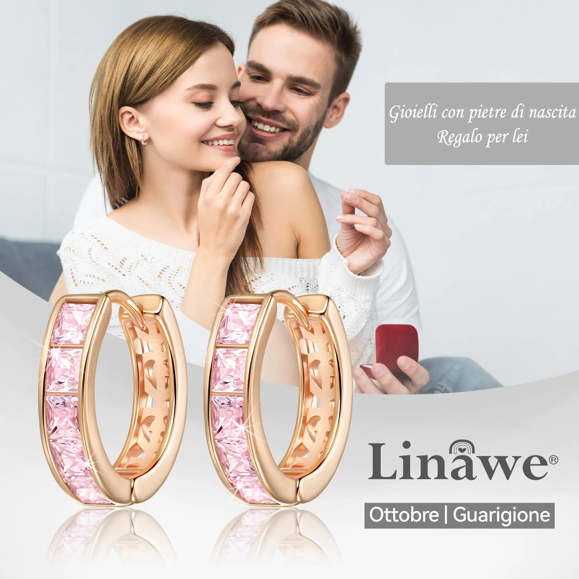 Linawe Orecchini a cerchio in oro rosa con zirconia rosa, piercing a elica da donna - immagine 5
