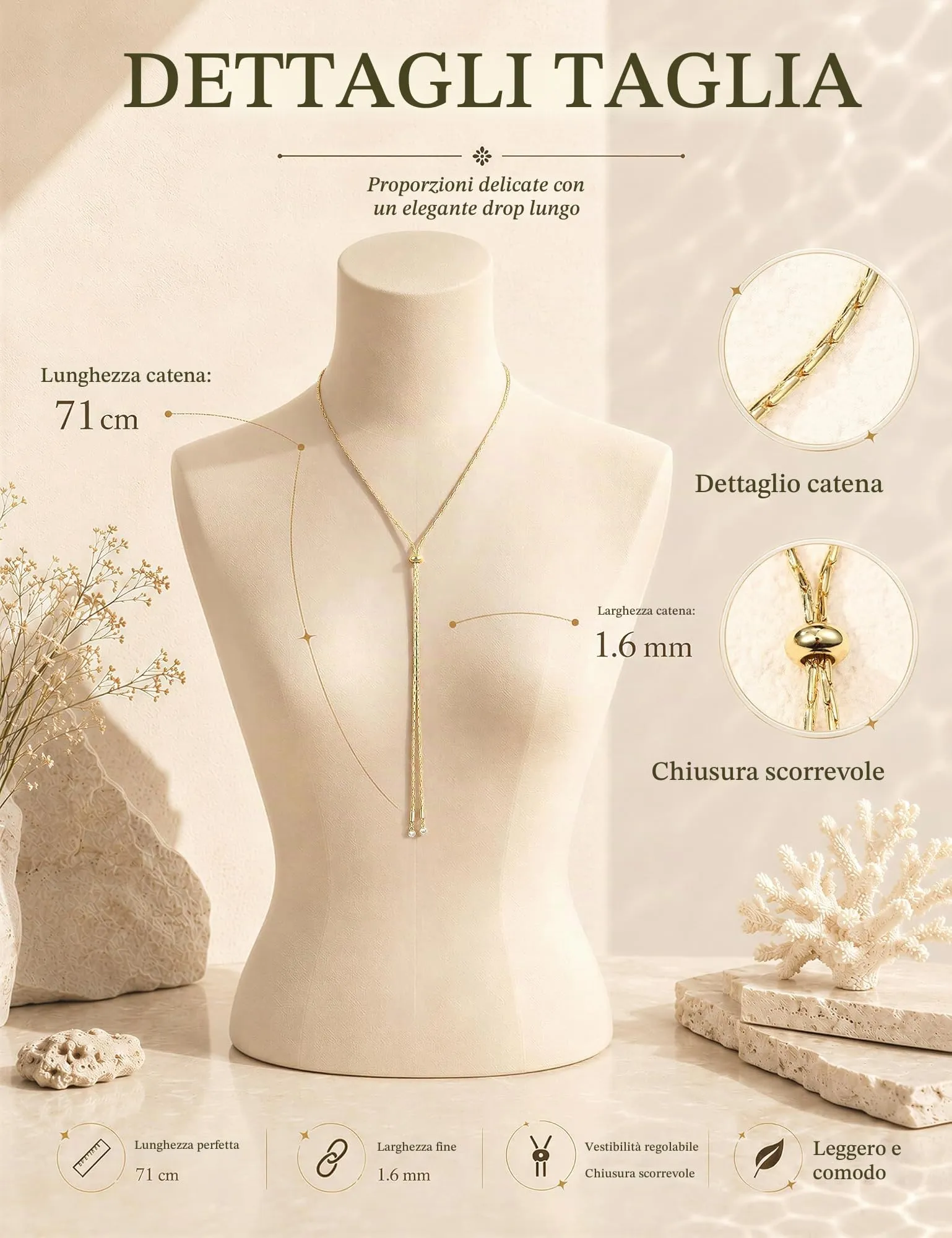 Dochais Collana Donna Lunga a Y a Strati, Argento e Oro Ipoallergenico - immagine 6