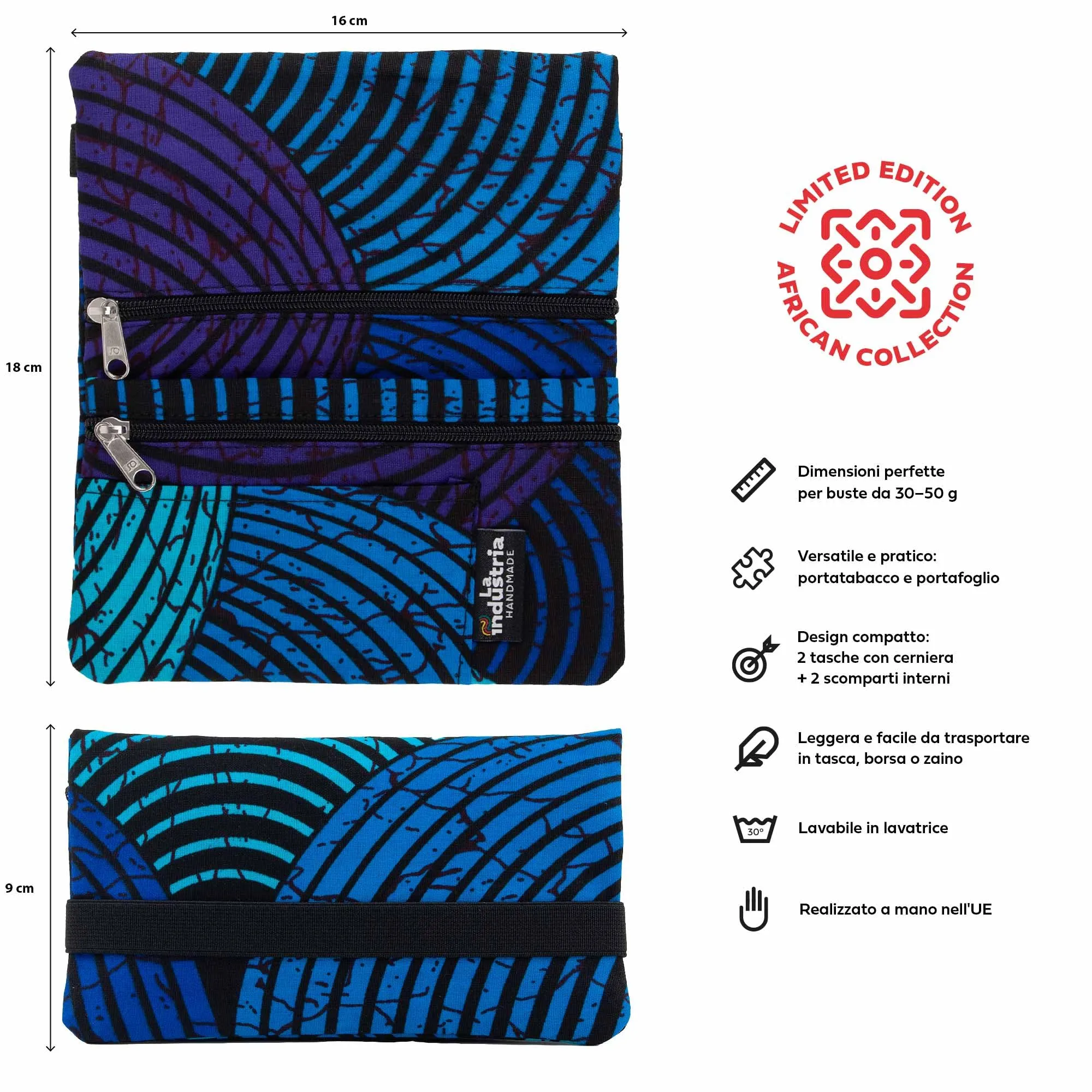 La Industria HANDMADE Porta Tabacco e Portafoglio Compatto con Doppia Cerniera, Fantasia Africana Waves - immagine 2