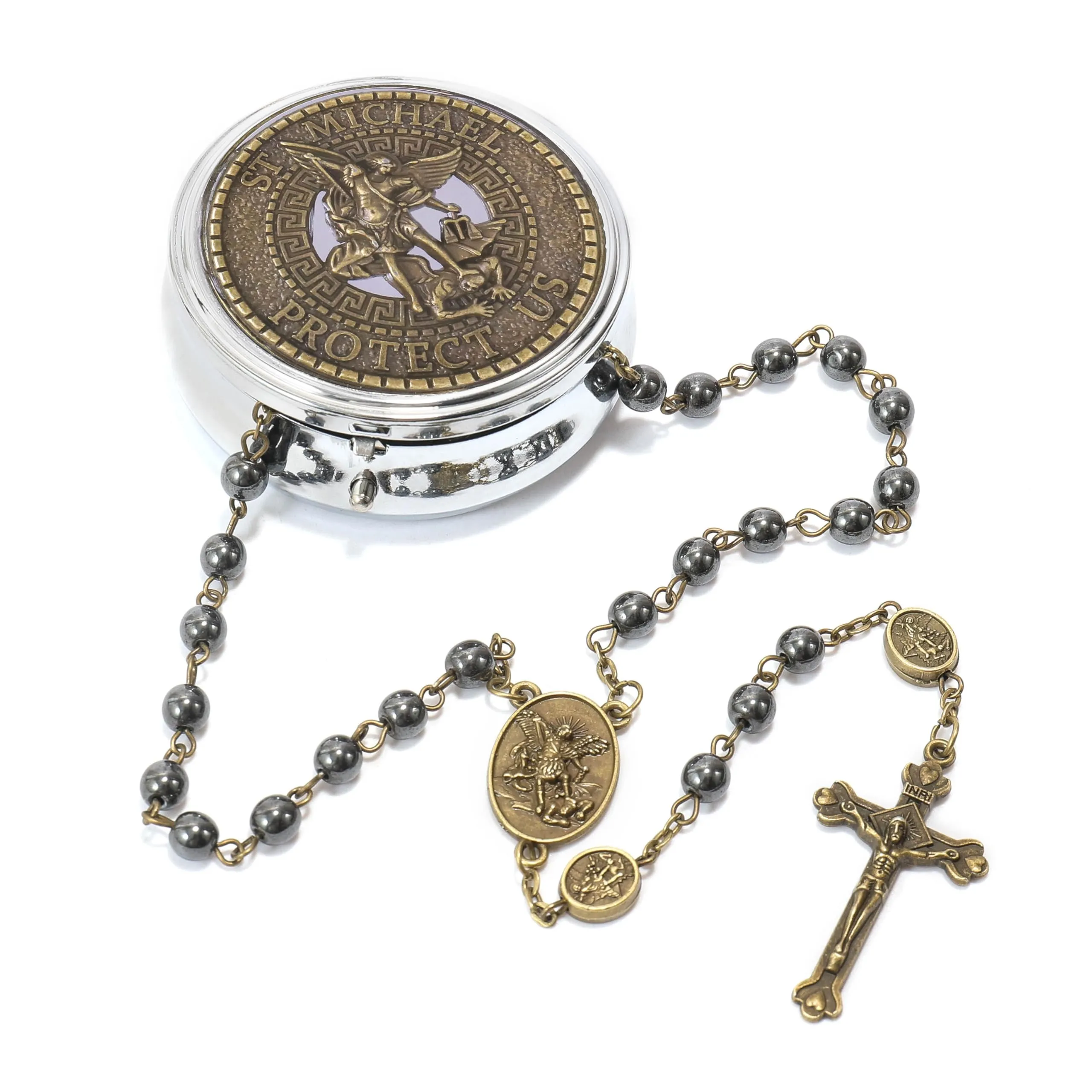 Nazareth Store St. Michael Hematite Stone Prayer Bead Rosary Necklace with Archangel Medal and Jesus Cross, Bronze - immagine 1