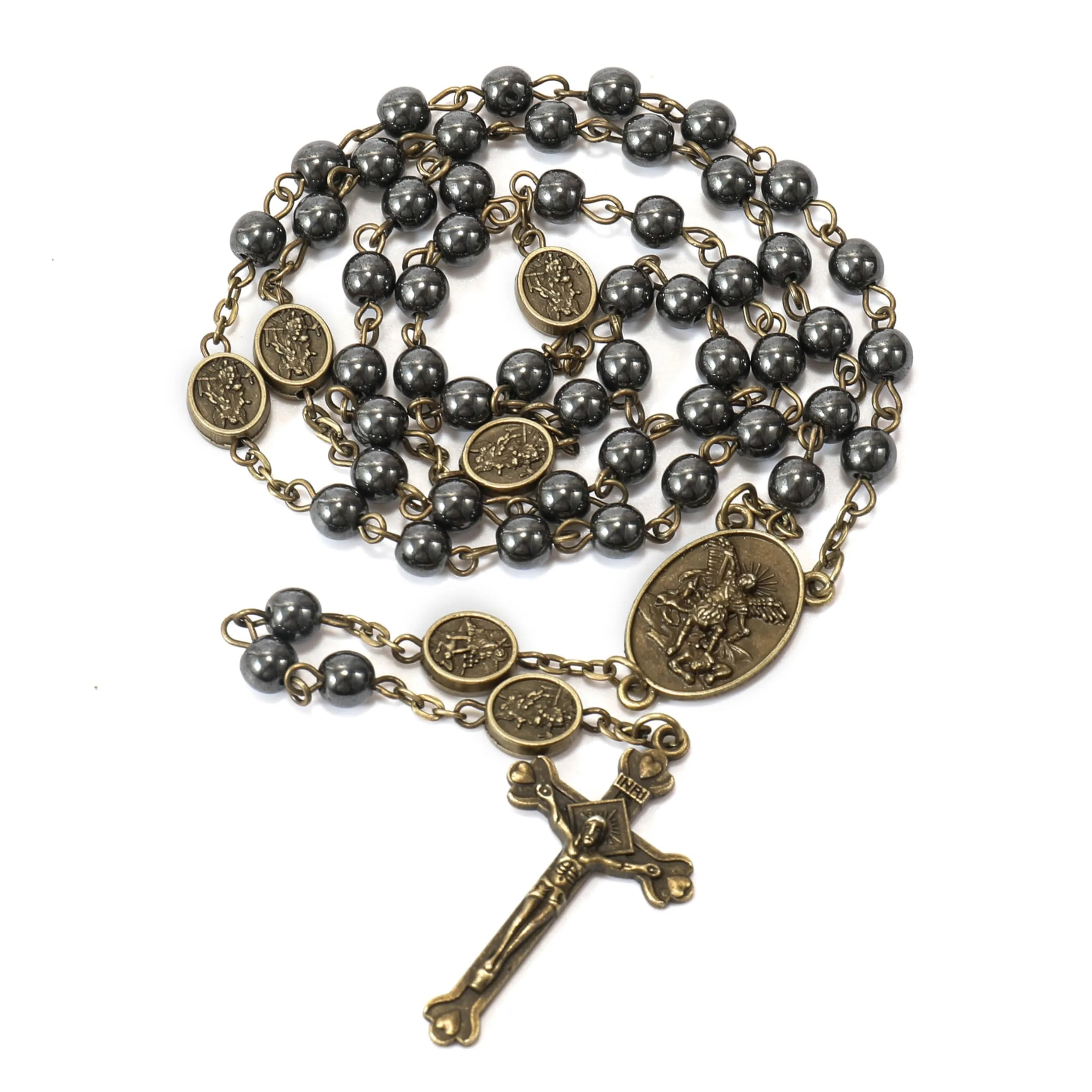 Nazareth Store St. Michael Hematite Stone Prayer Bead Rosary Necklace with Archangel Medal and Jesus Cross, Bronze - immagine 2