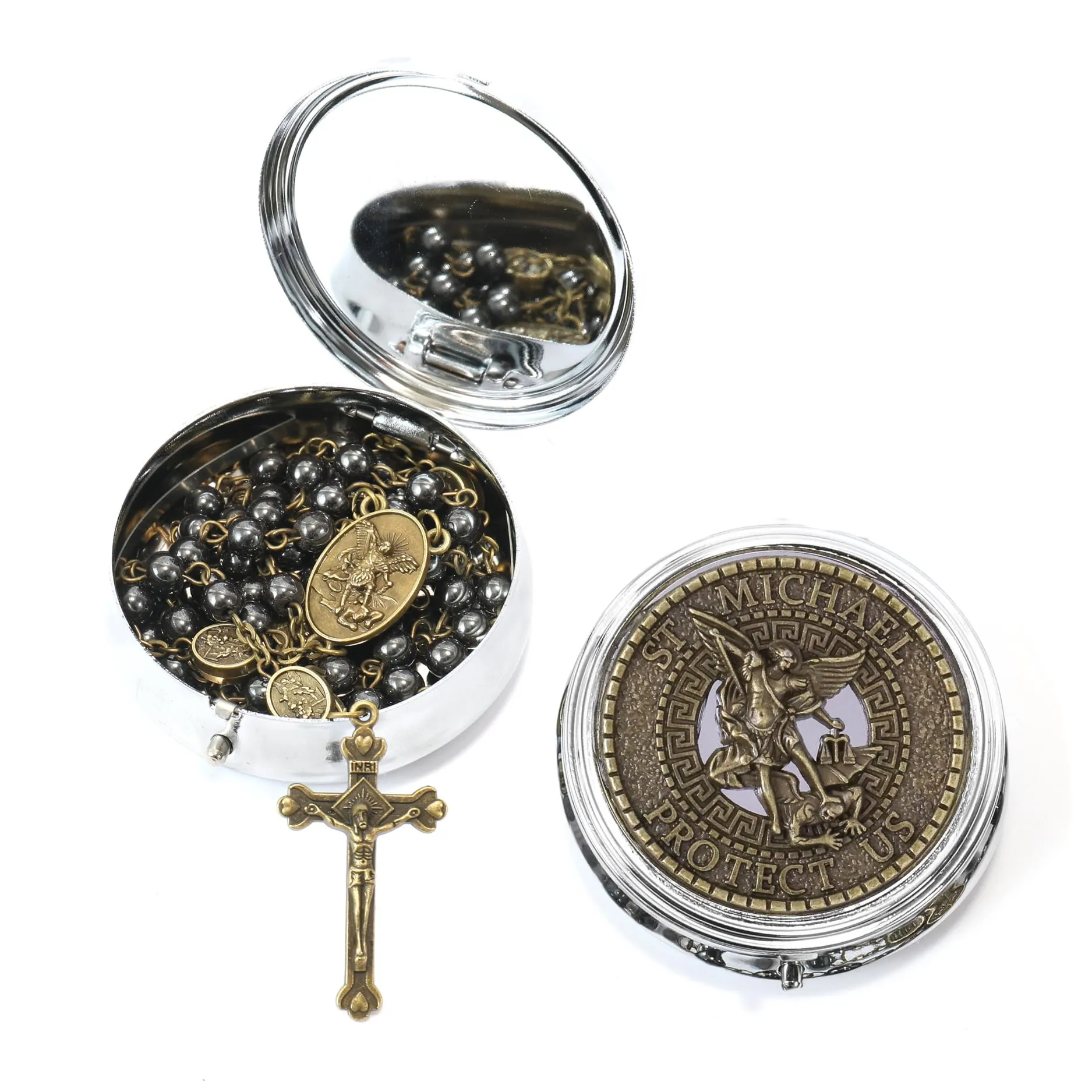 Nazareth Store St. Michael Hematite Stone Prayer Bead Rosary Necklace with Archangel Medal and Jesus Cross, Bronze - immagine 3