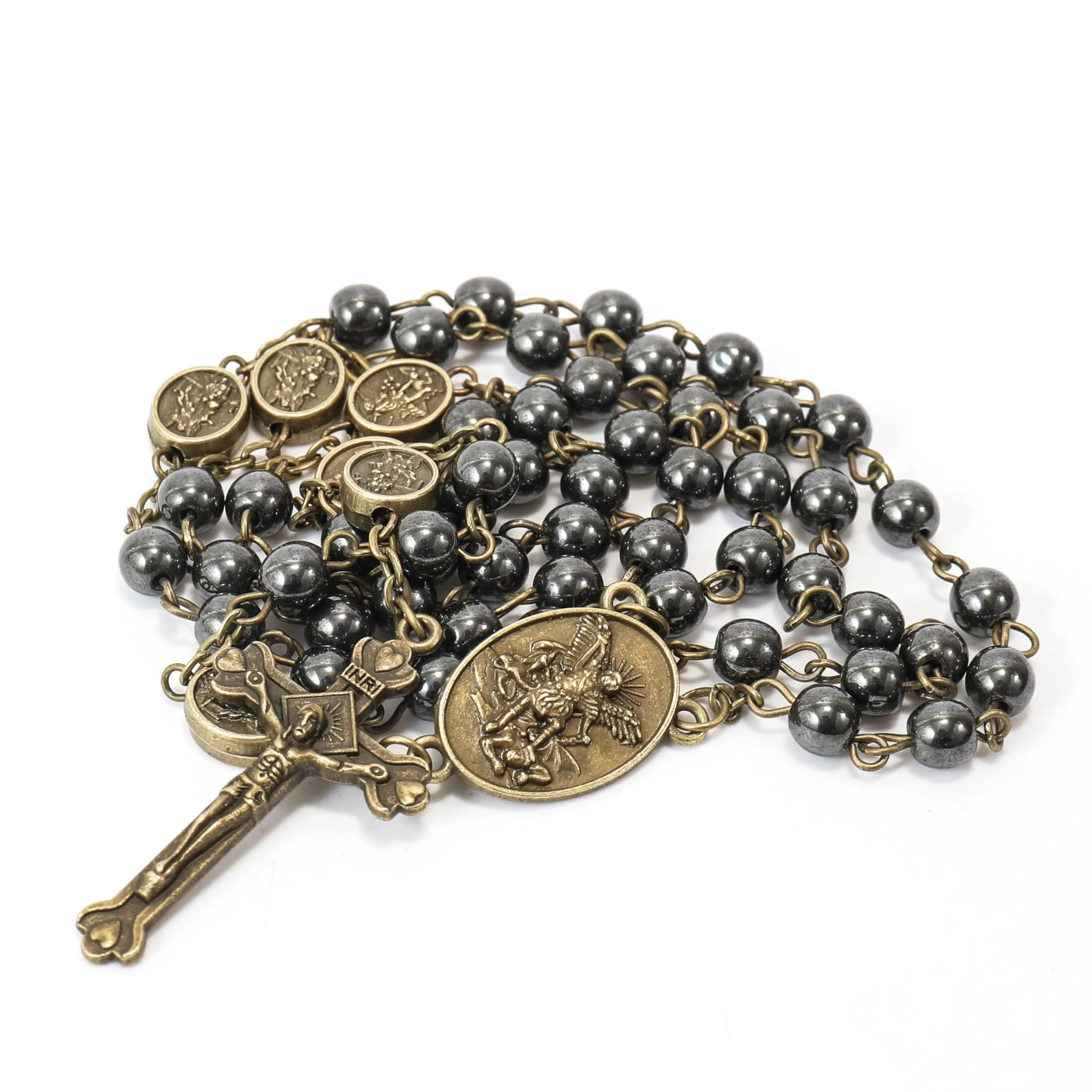 Nazareth Store St. Michael Hematite Stone Prayer Bead Rosary Necklace with Archangel Medal and Jesus Cross, Bronze - immagine 4