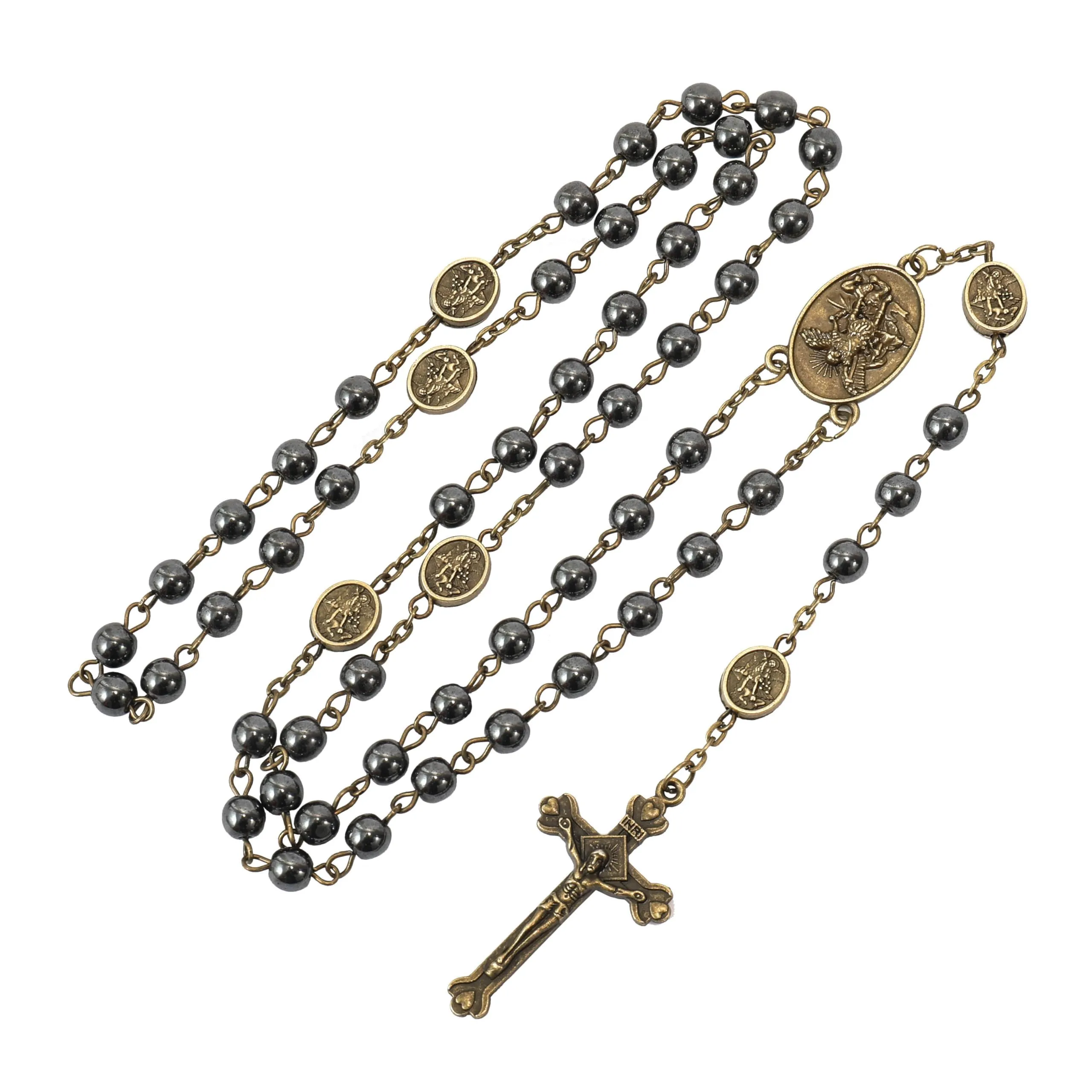 Nazareth Store St. Michael Hematite Stone Prayer Bead Rosary Necklace with Archangel Medal and Jesus Cross, Bronze - immagine 6