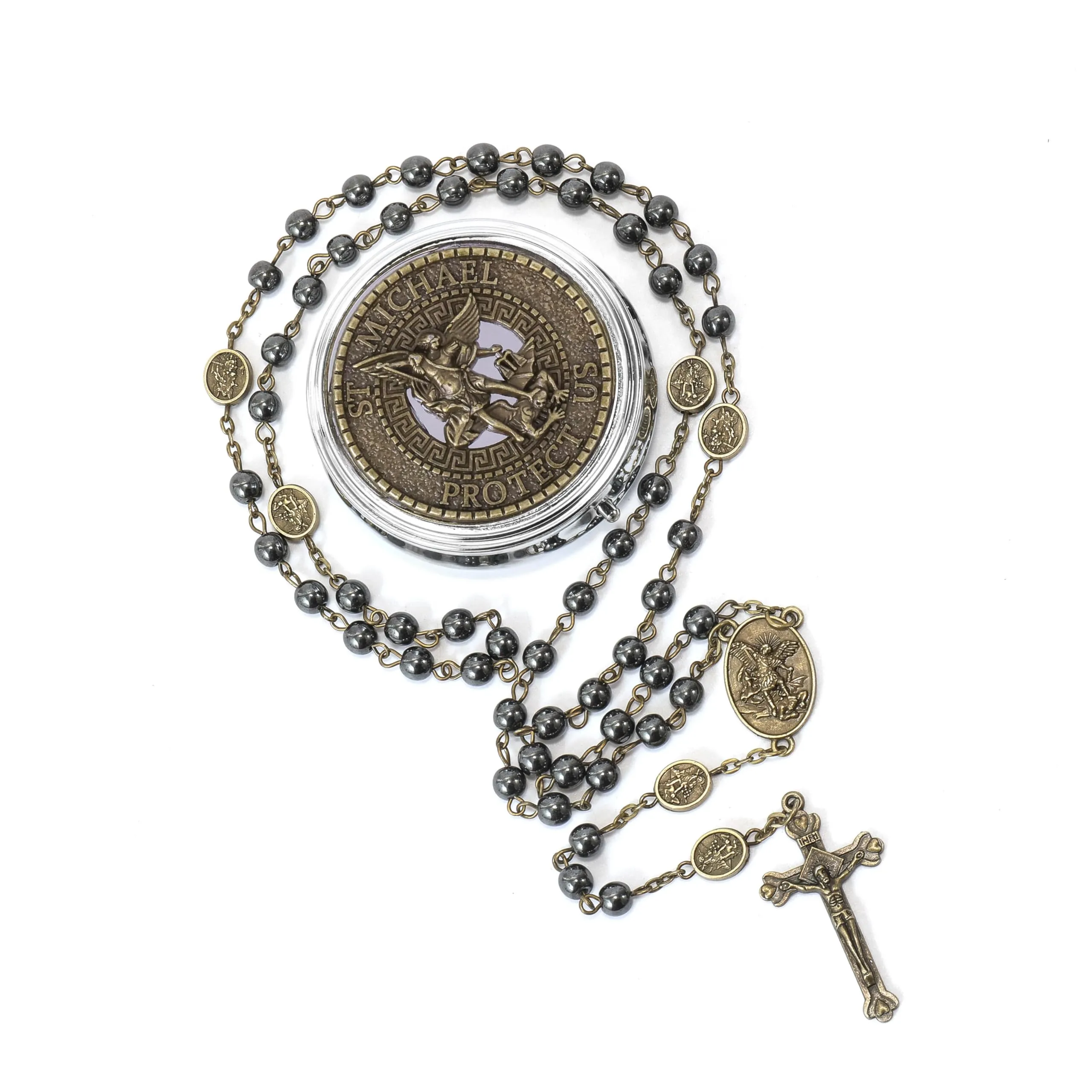 Nazareth Store St. Michael Hematite Stone Prayer Bead Rosary Necklace with Archangel Medal and Jesus Cross, Bronze - immagine 7