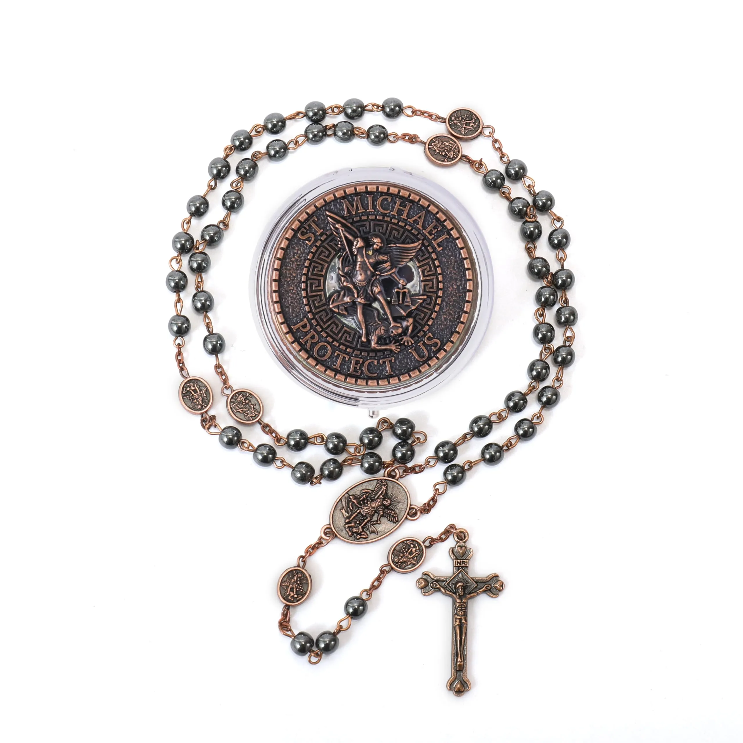 Nazareth Store San Michele Hematite Stone Rosary Necklace with Archangel Medal and Jesus Cross, Copper - immagine 1