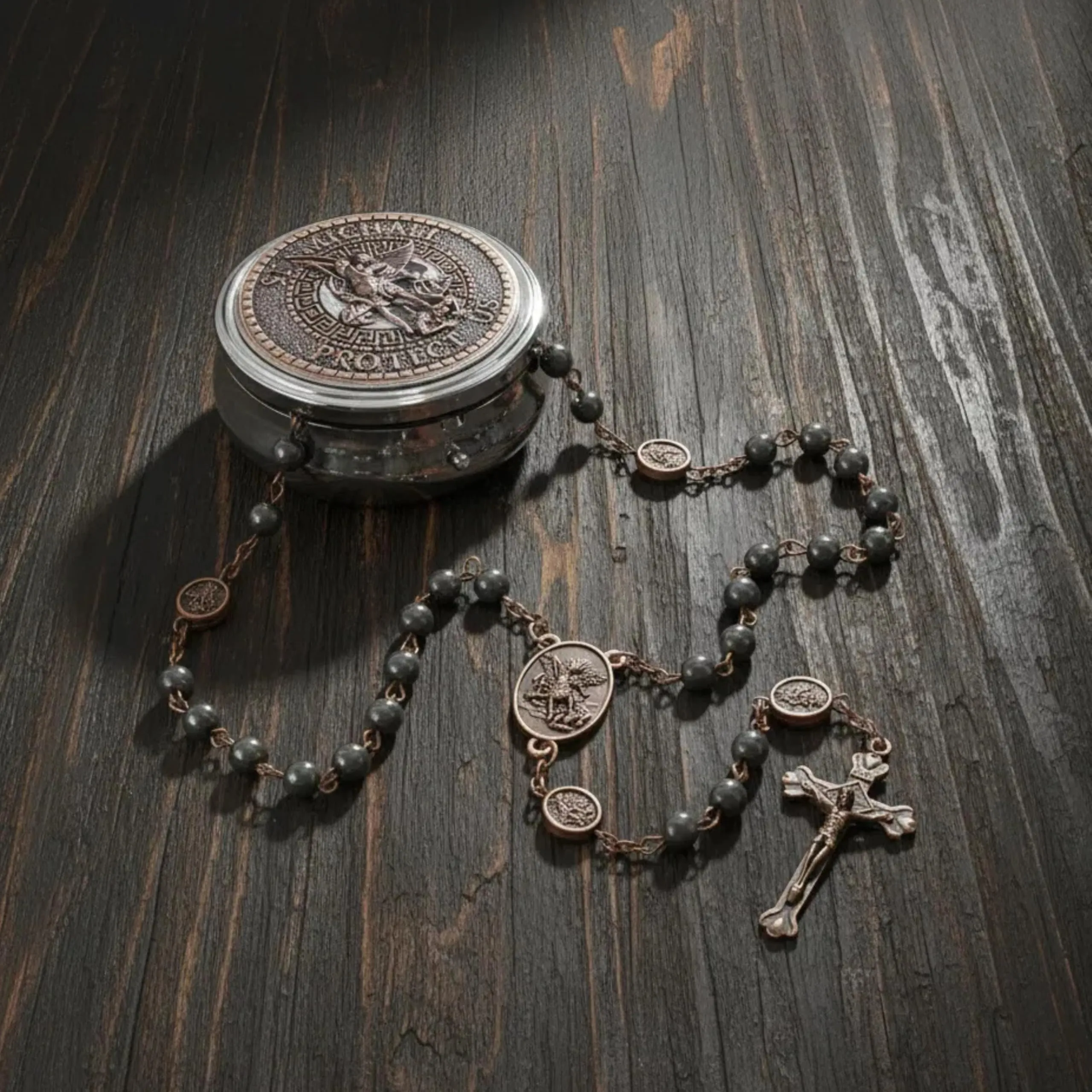 Nazareth Store San Michele Hematite Stone Rosary Necklace with Archangel Medal and Jesus Cross, Copper - immagine 2