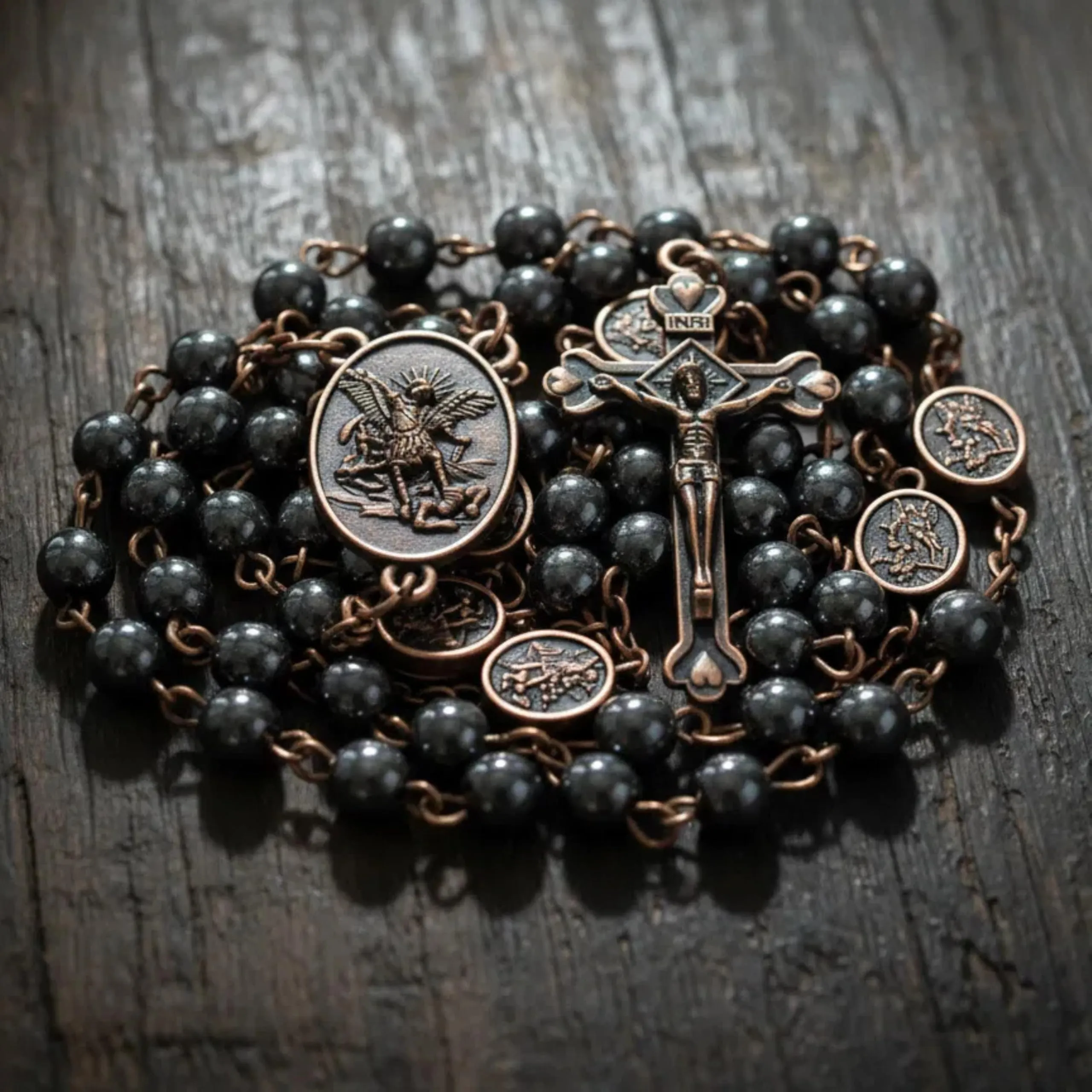 Nazareth Store San Michele Hematite Stone Rosary Necklace with Archangel Medal and Jesus Cross, Copper - immagine 3
