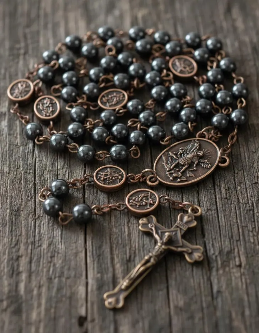 Nazareth Store San Michele Hematite Stone Rosary Necklace with Archangel Medal and Jesus Cross, Copper - immagine 5