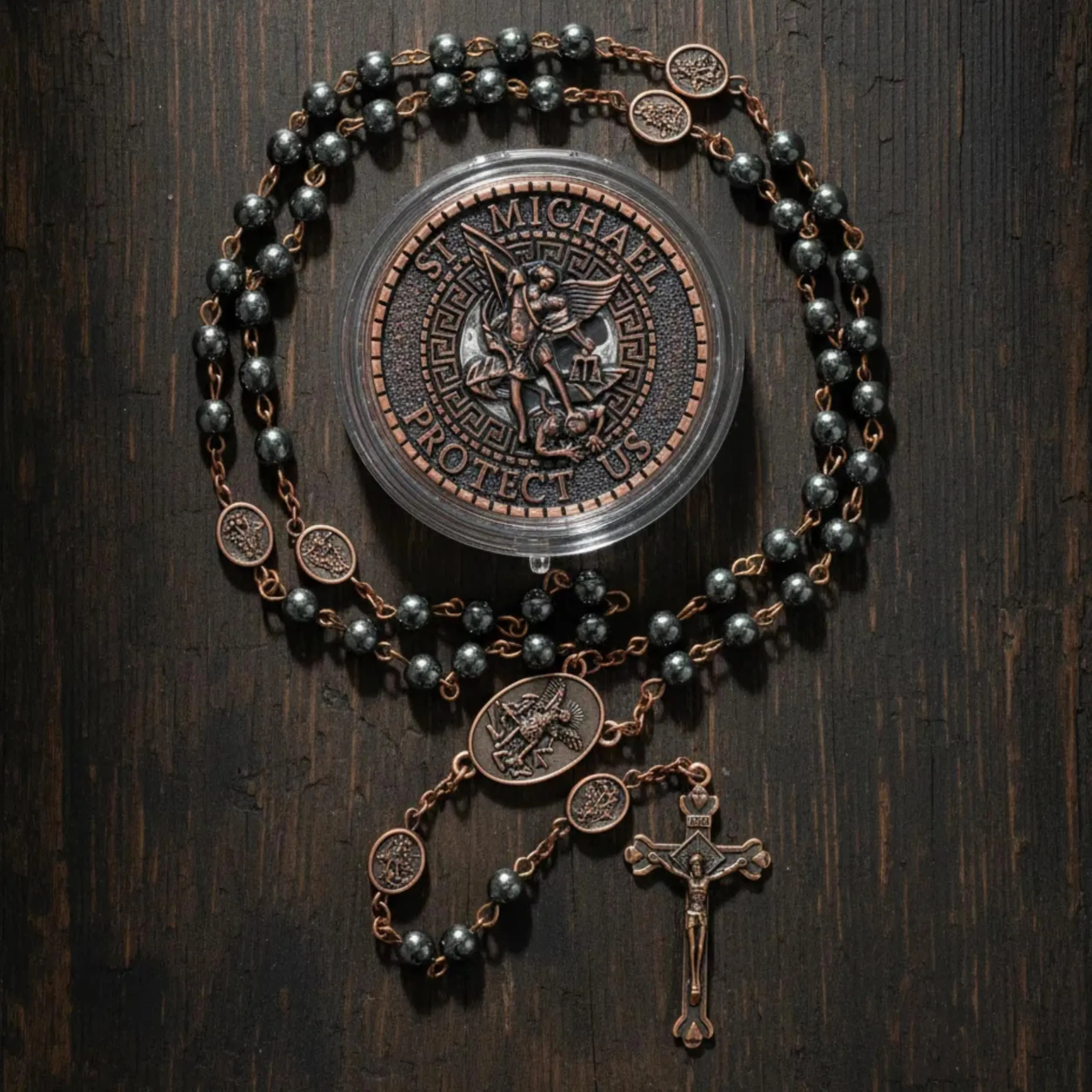 Nazareth Store San Michele Hematite Stone Rosary Necklace with Archangel Medal and Jesus Cross, Copper - immagine 6