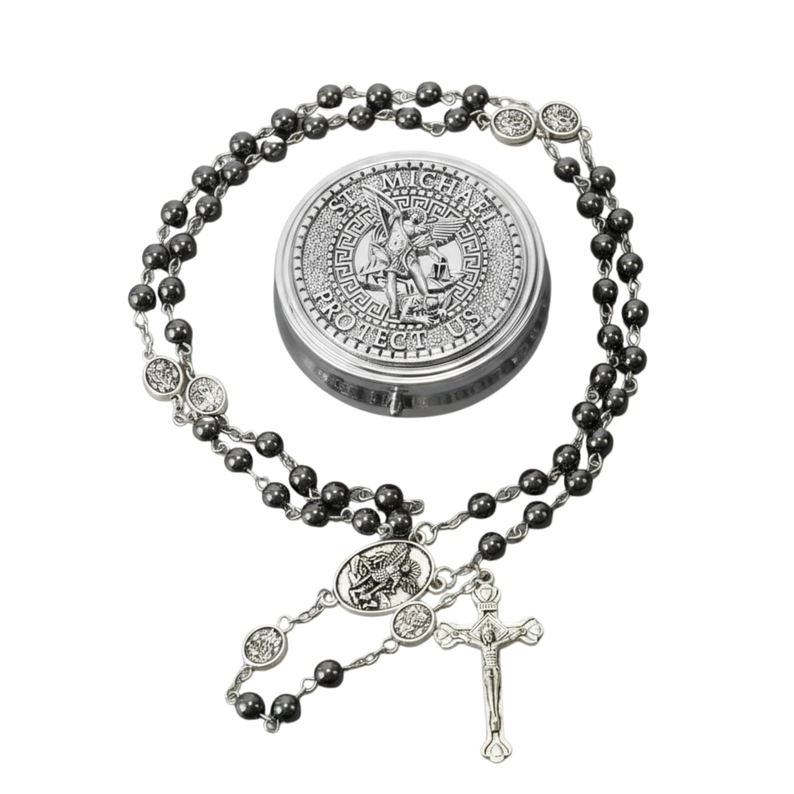 Nazareth Store Rosario di San Michele in ematite con Medaglia dell'Arcangelo e Croce (Silver | Jesus Cross) - immagine 1
