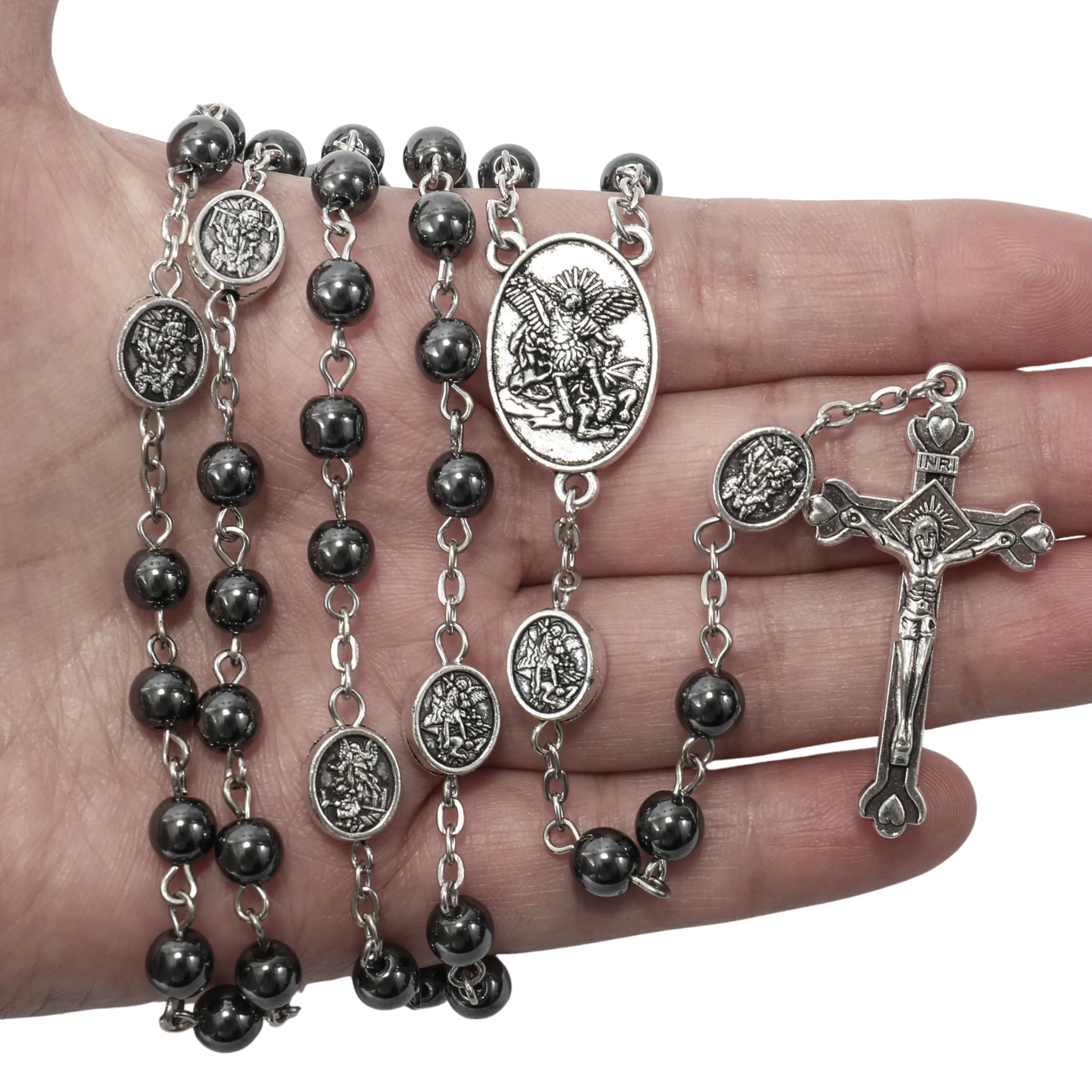 Nazareth Store Rosario di San Michele in ematite con Medaglia dell'Arcangelo e Croce (Silver | Jesus Cross) - immagine 8