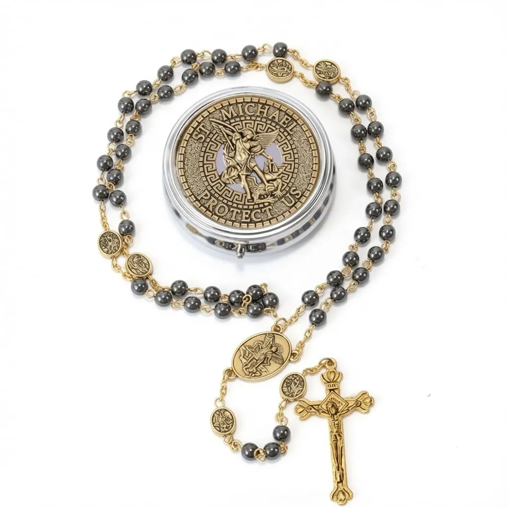 Nazareth Store San Michele Hematite Stone Rosary Necklace with Archangel Medal and Jesus Cross, Gold - immagine 1