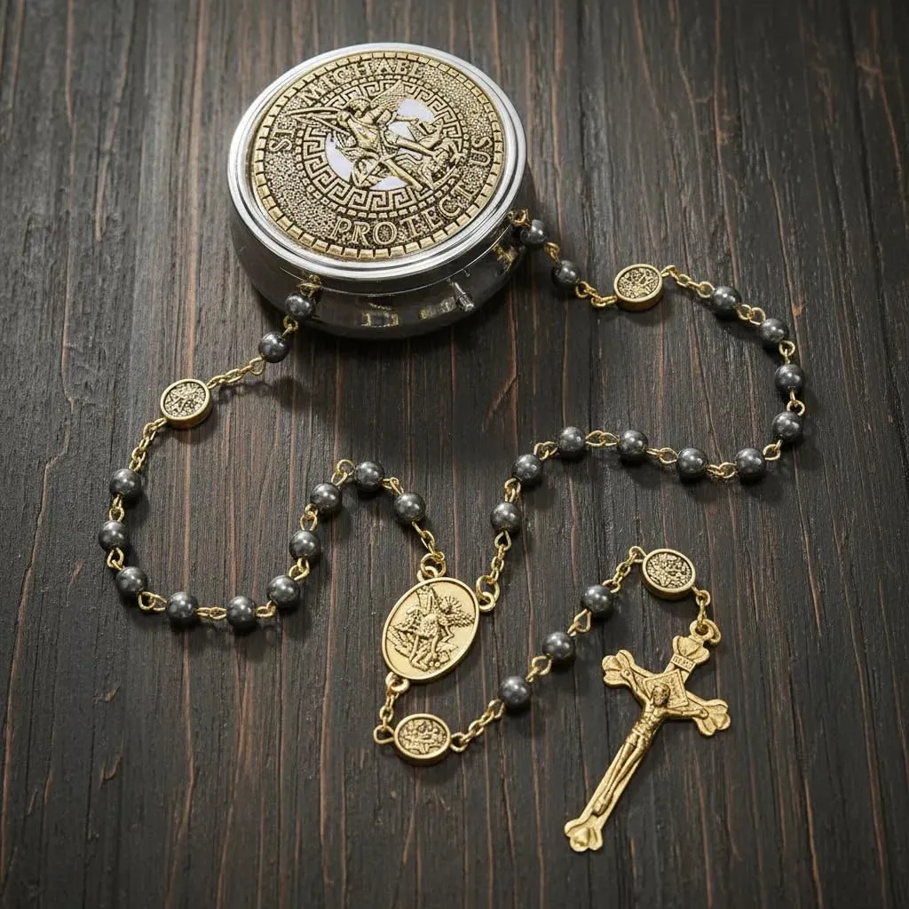 Nazareth Store San Michele Hematite Stone Rosary Necklace with Archangel Medal and Jesus Cross, Gold - immagine 2