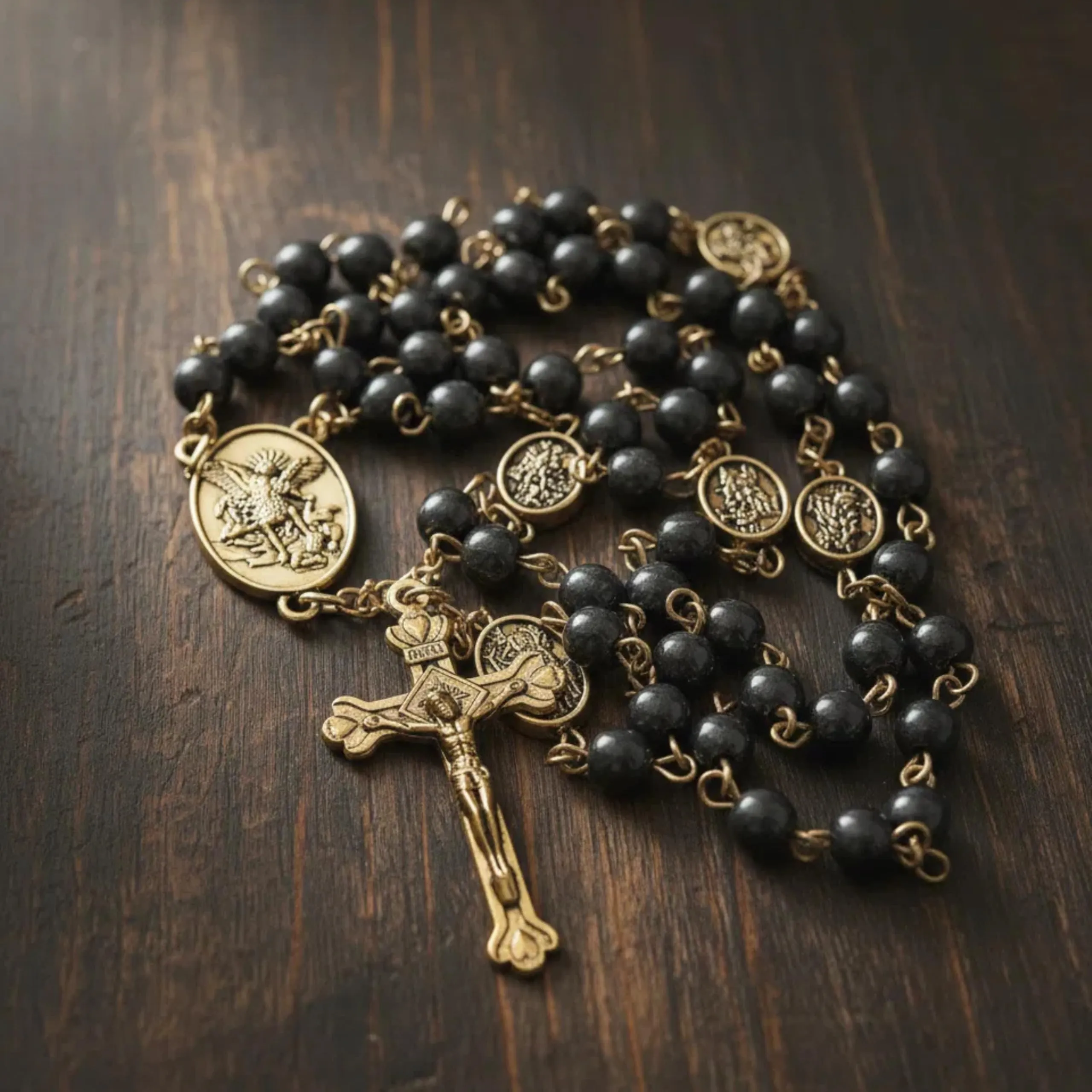 Nazareth Store San Michele Hematite Stone Rosary Necklace with Archangel Medal and Jesus Cross, Gold - immagine 3