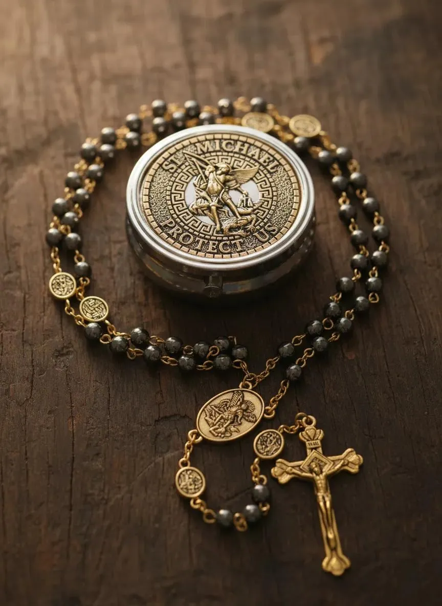 Nazareth Store San Michele Hematite Stone Rosary Necklace with Archangel Medal and Jesus Cross, Gold - immagine 4