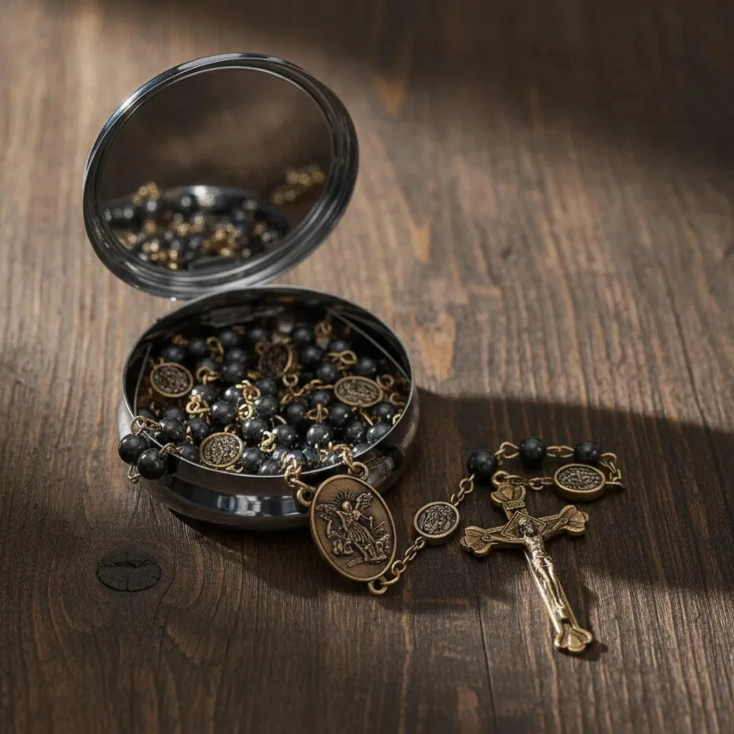 Nazareth Store San Michele Hematite Stone Rosary Necklace with Archangel Medal and Jesus Cross, Gold - immagine 5