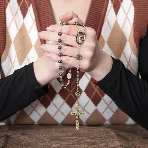 Nazareth Store San Michele Hematite Stone Rosary Necklace with Archangel Medal and Jesus Cross, Gold - immagine 6