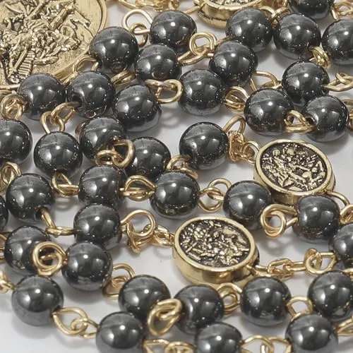 Nazareth Store San Michele Hematite Stone Rosary Necklace with Archangel Medal and Jesus Cross, Gold - immagine 7