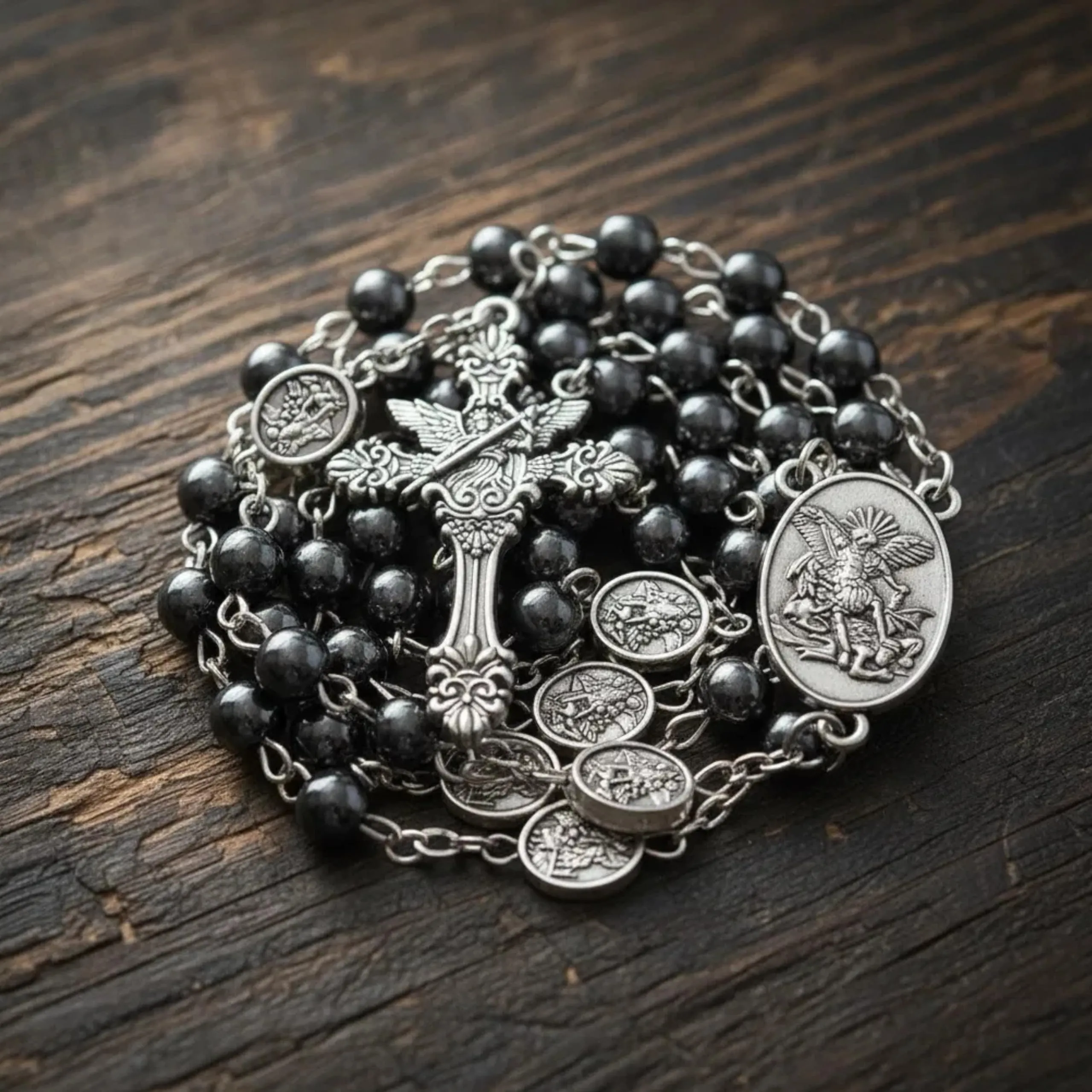 Nazareth Store St. Michael Archangel Hematite Stone Prayer Bead Necklace with Medal and Cross, Silver - immagine 2