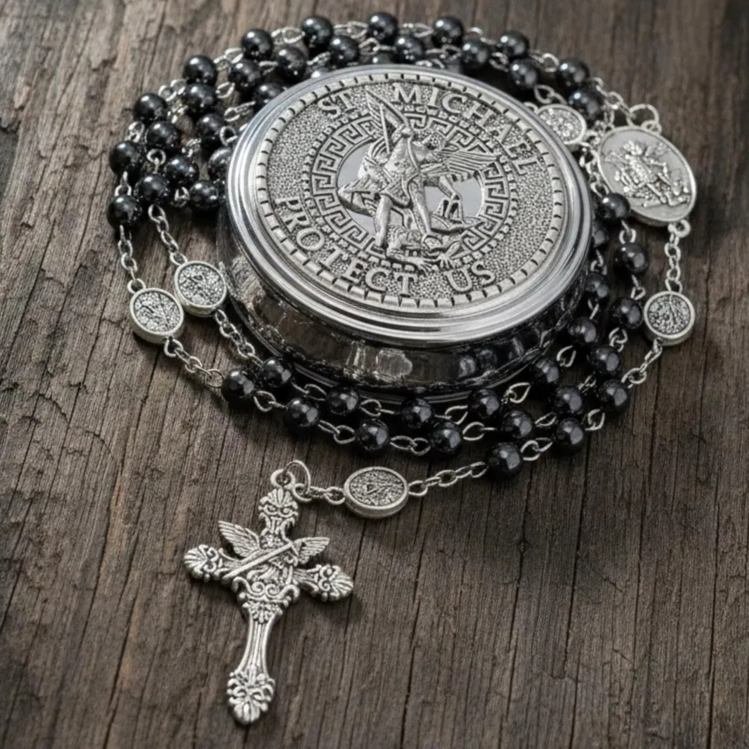 Nazareth Store St. Michael Archangel Hematite Stone Prayer Bead Necklace with Medal and Cross, Silver - immagine 3