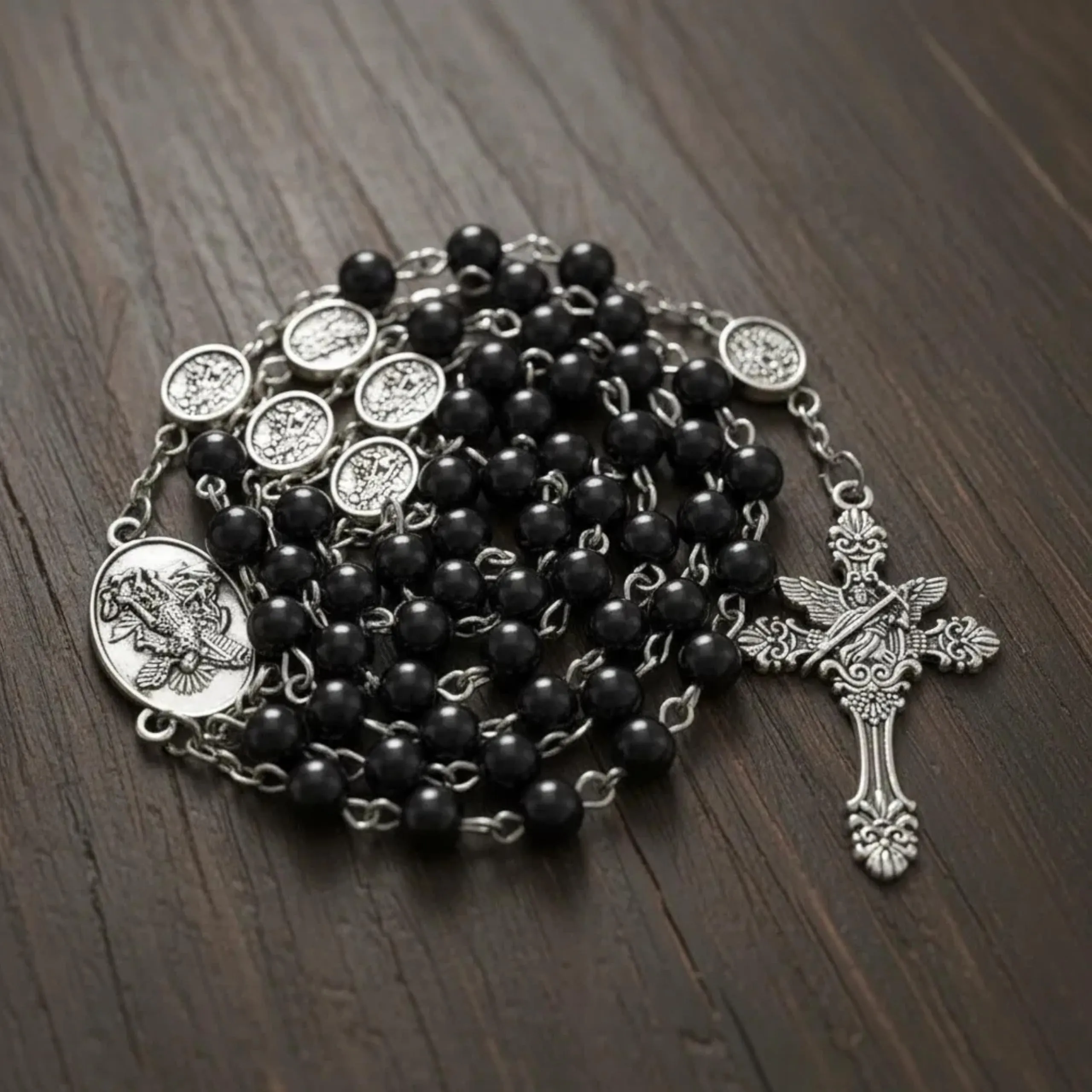 Nazareth Store St. Michael Archangel Hematite Stone Prayer Bead Necklace with Medal and Cross, Silver - immagine 4
