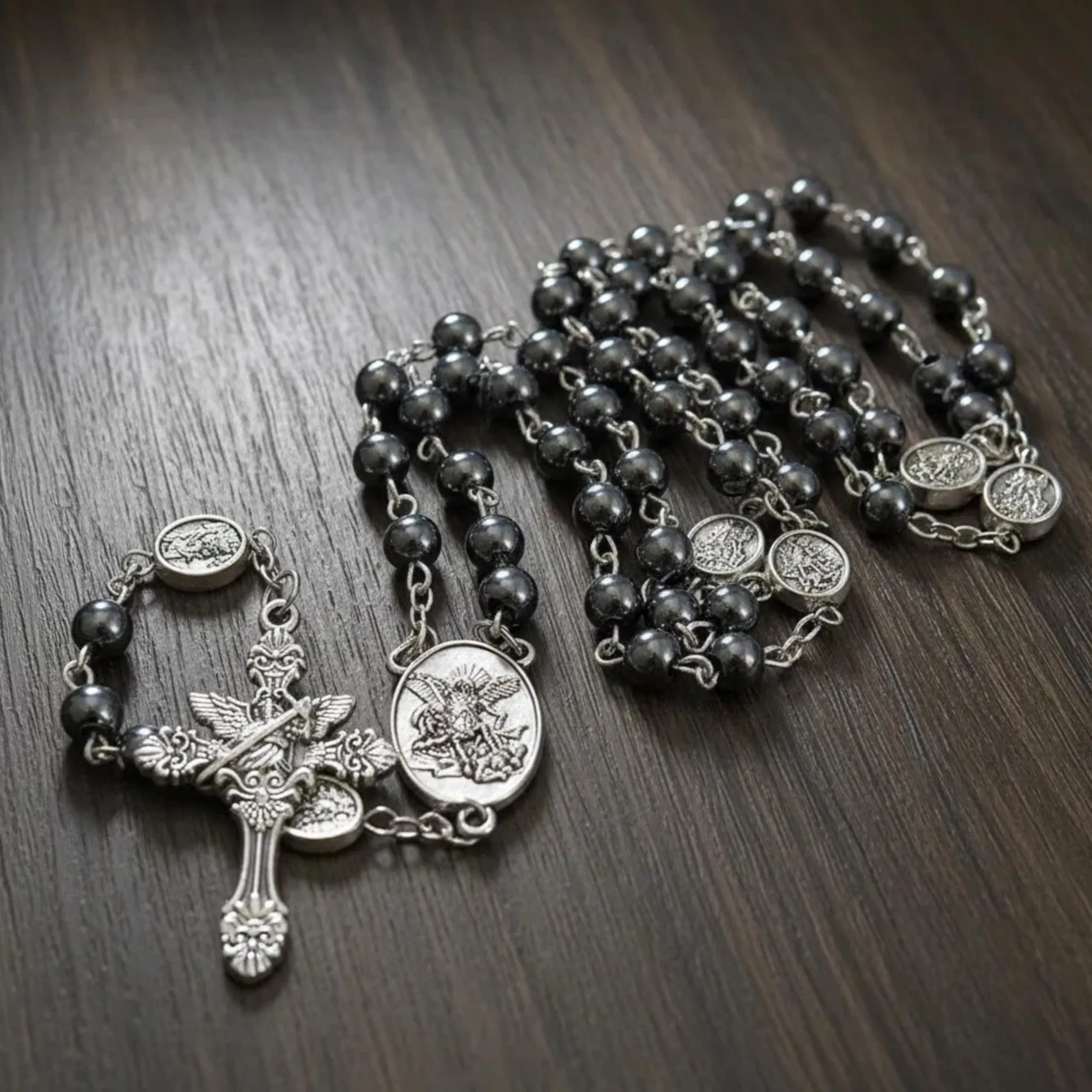 Nazareth Store St. Michael Archangel Hematite Stone Prayer Bead Necklace with Medal and Cross, Silver - immagine 6
