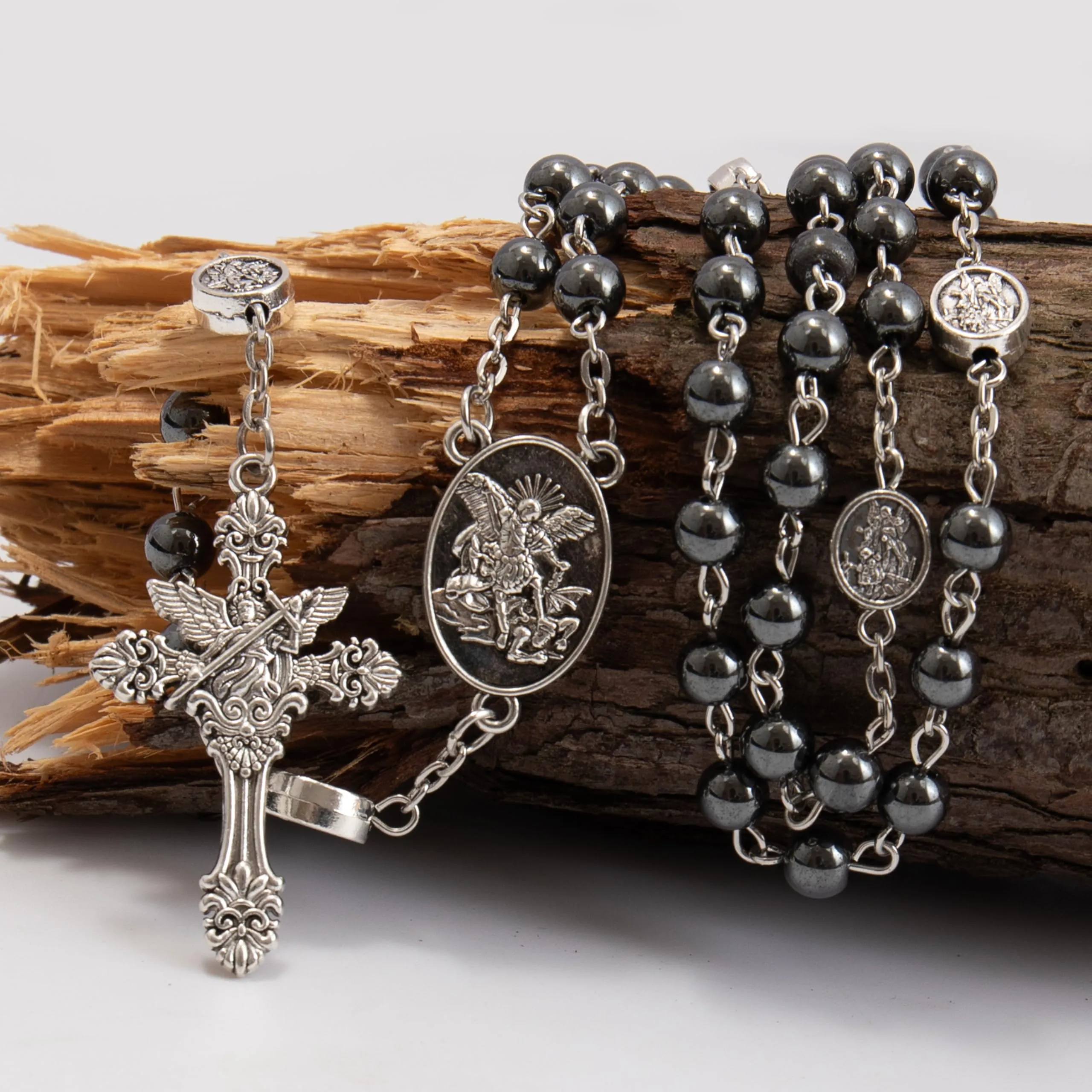 Nazareth Store St. Michael Archangel Hematite Stone Prayer Bead Necklace with Medal and Cross, Silver - immagine 7
