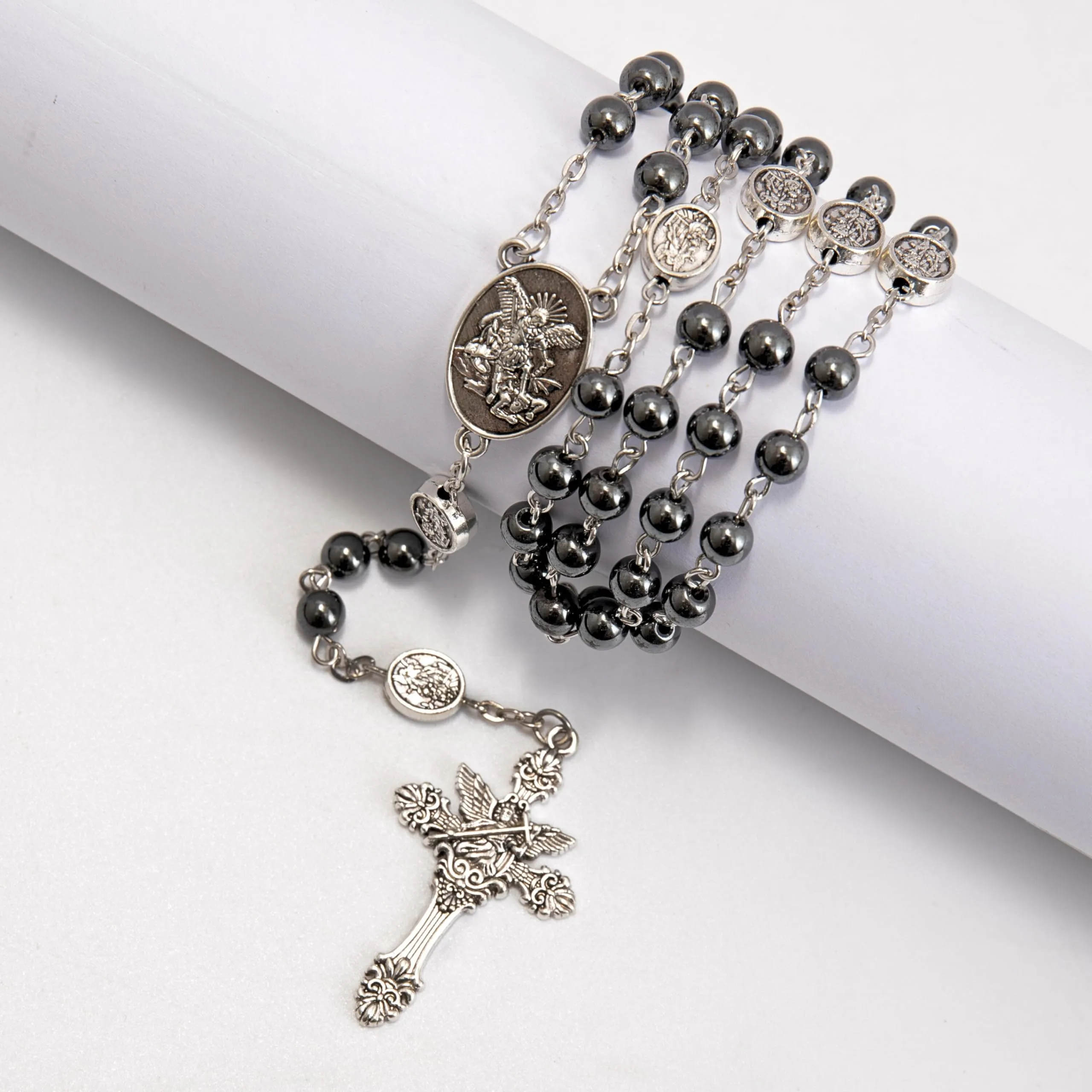 Nazareth Store St. Michael Archangel Hematite Stone Prayer Bead Necklace with Medal and Cross, Silver - immagine 8