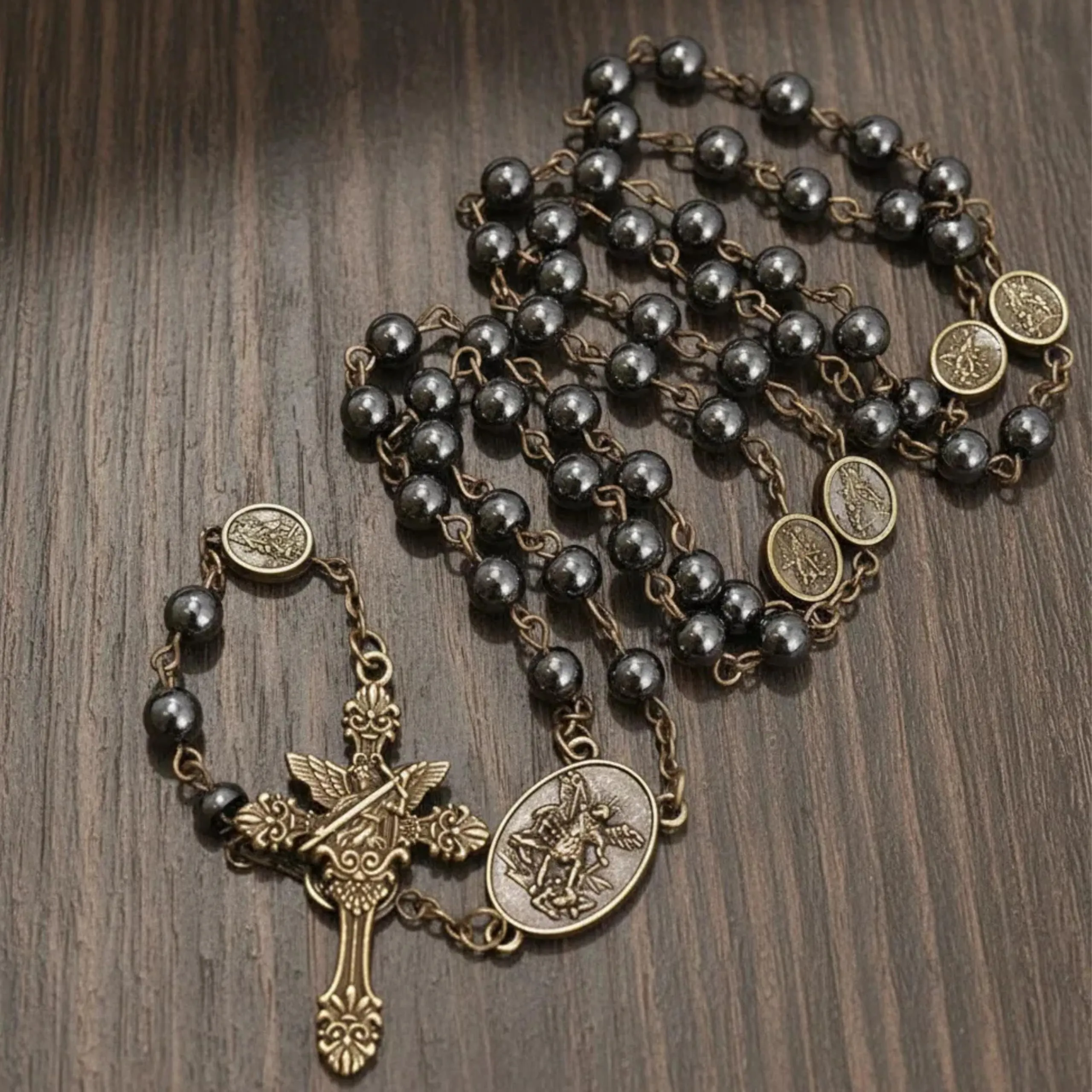 Nazareth Store St. Michael Rosario Necklace, Hematite Stone Beads, Bronze Medal and Cross with Metal Gift Box - immagine 2
