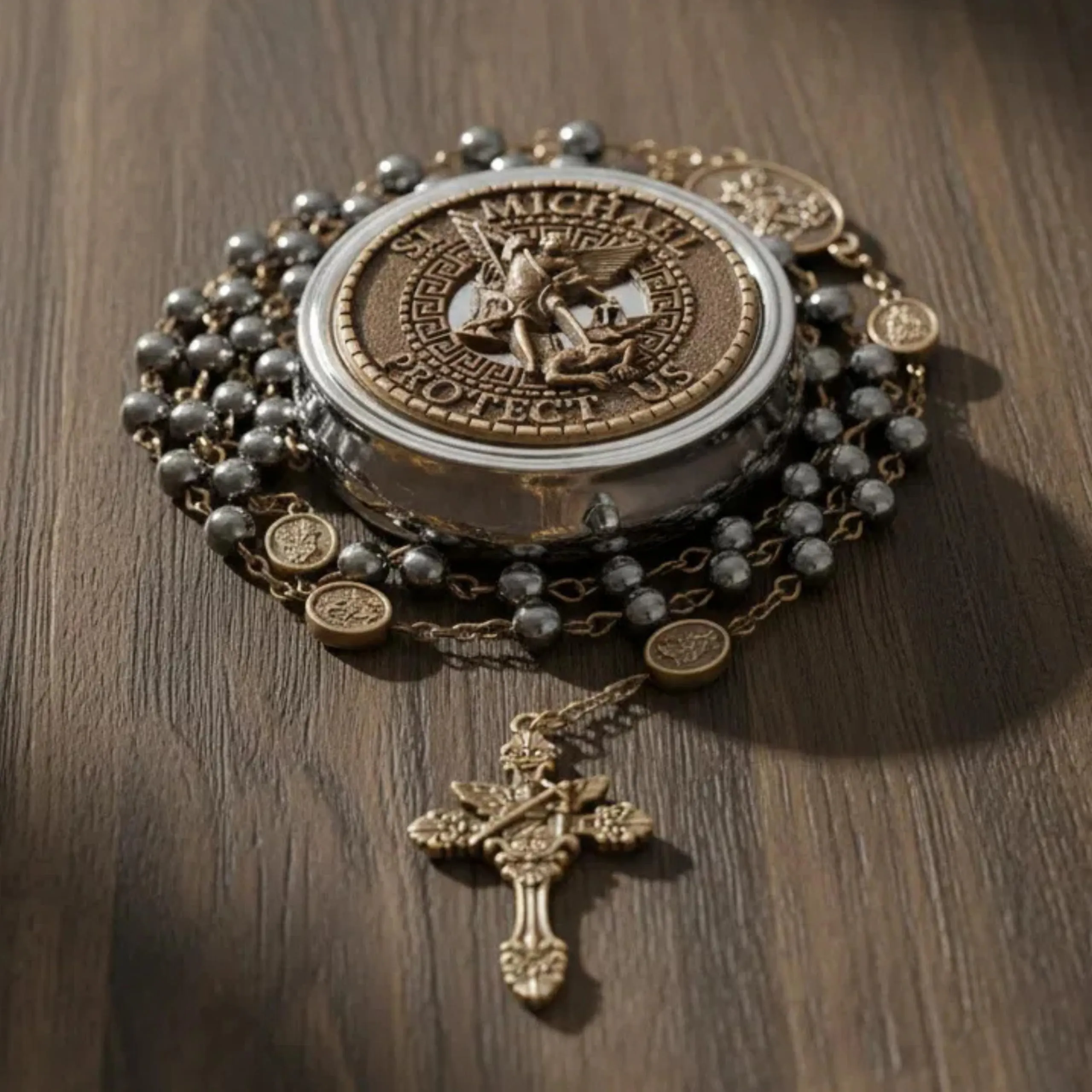 Nazareth Store St. Michael Rosario Necklace, Hematite Stone Beads, Bronze Medal and Cross with Metal Gift Box - immagine 3